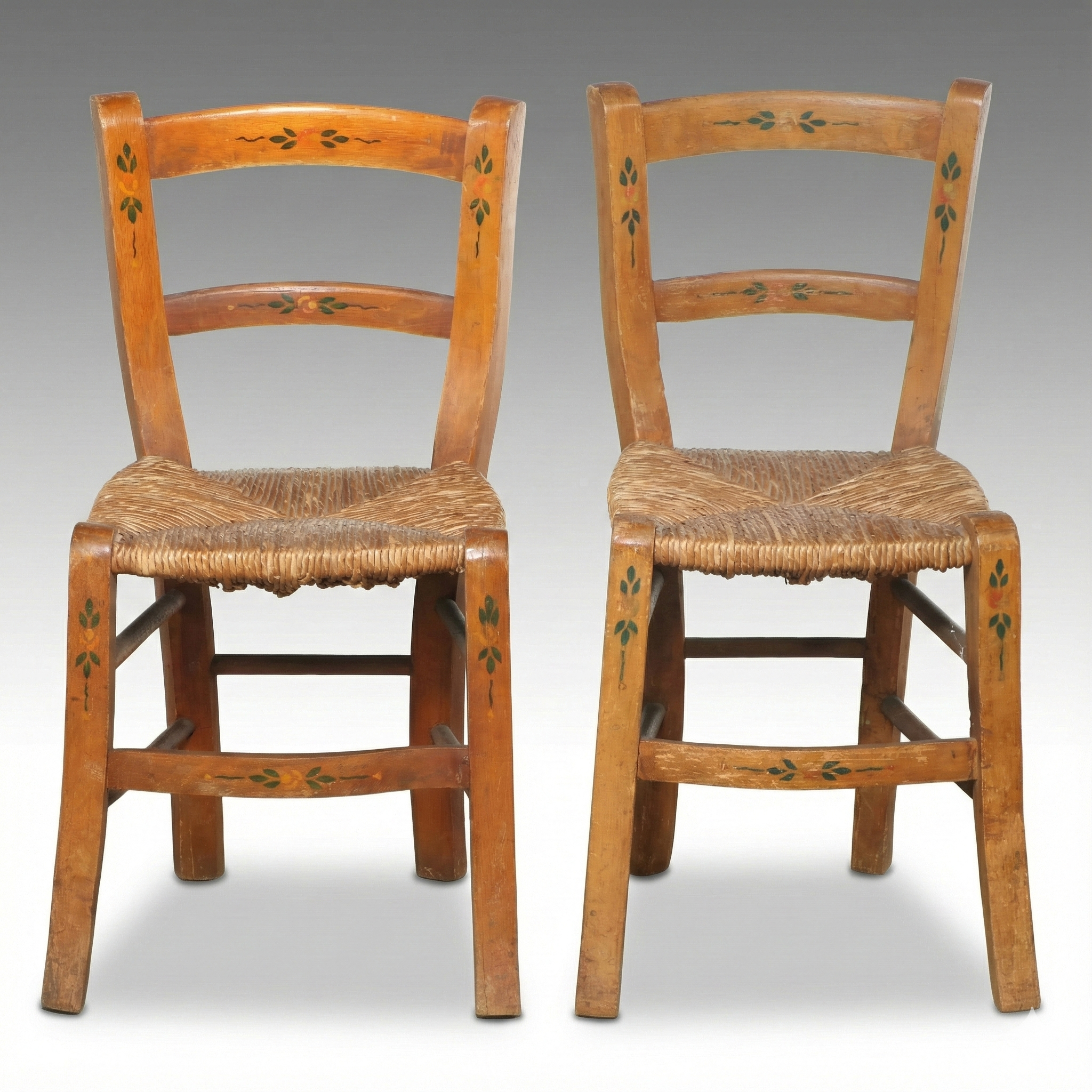 Paint Decorated Child's Chairs with Rush Seats, Pair, Early to Mid-20th Century