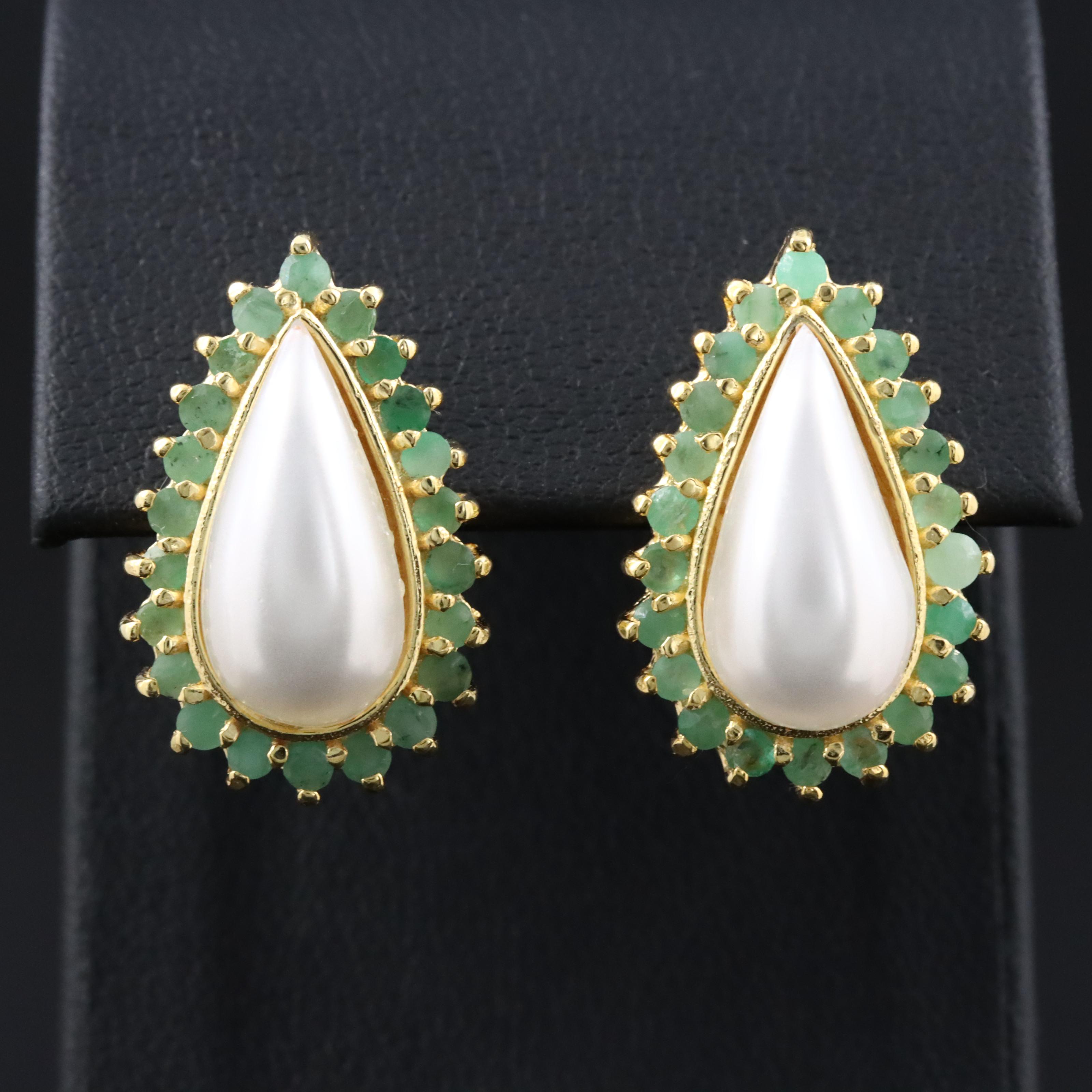 Sterling Drop Earrings with Imitation Pearl and Emerald