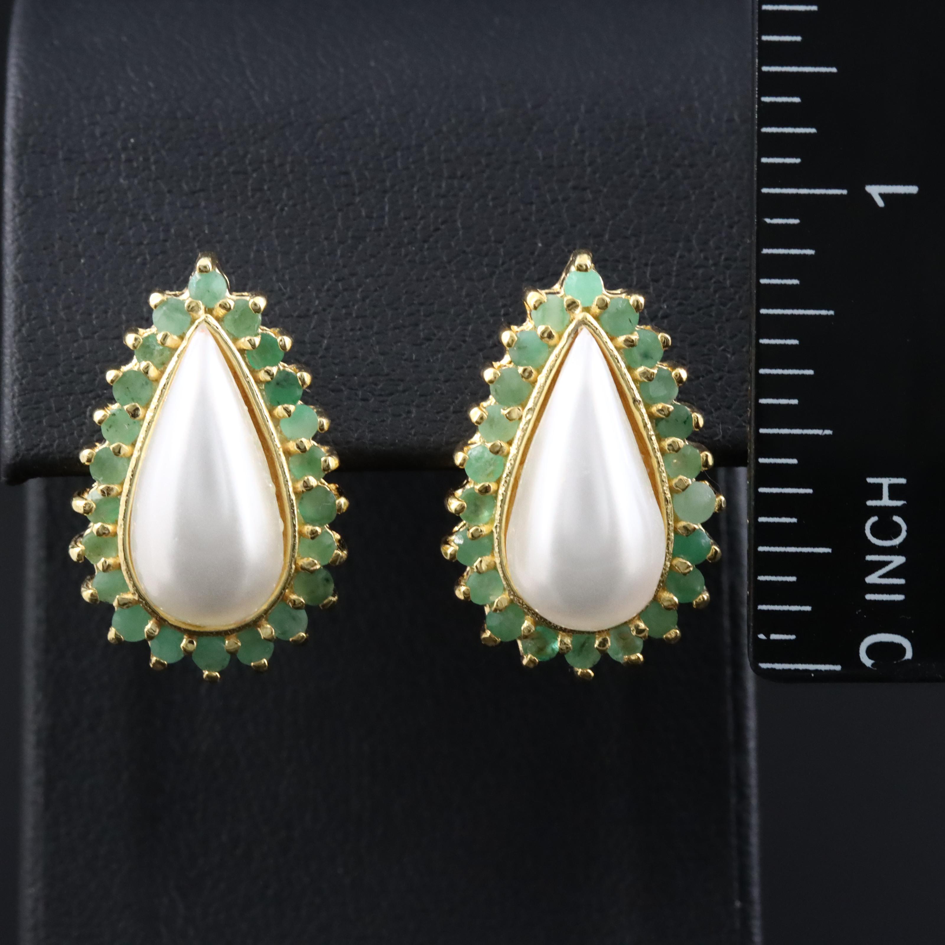 Sterling Drop Earrings with Imitation Pearl and Emerald
