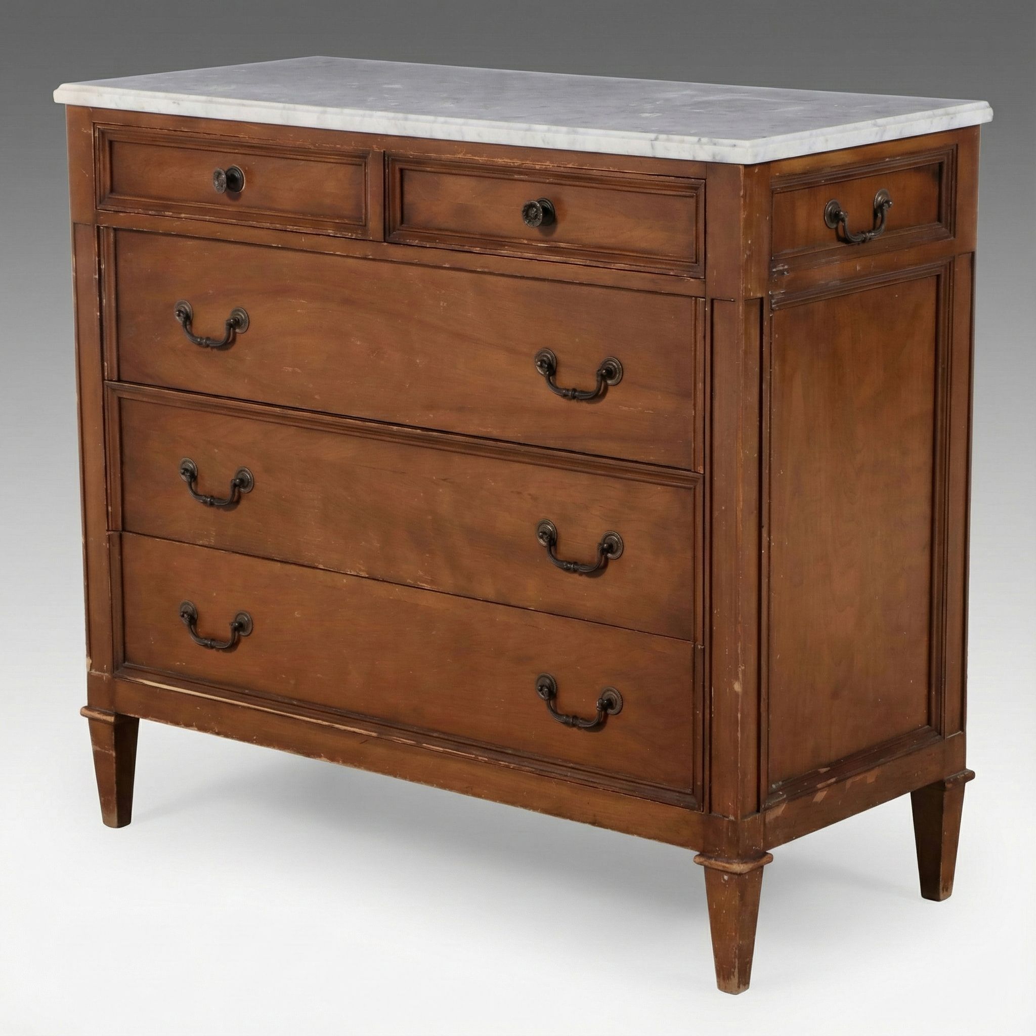Louis XVI Style Walnut Commode with Marble Top, Early to Mid-20th Century