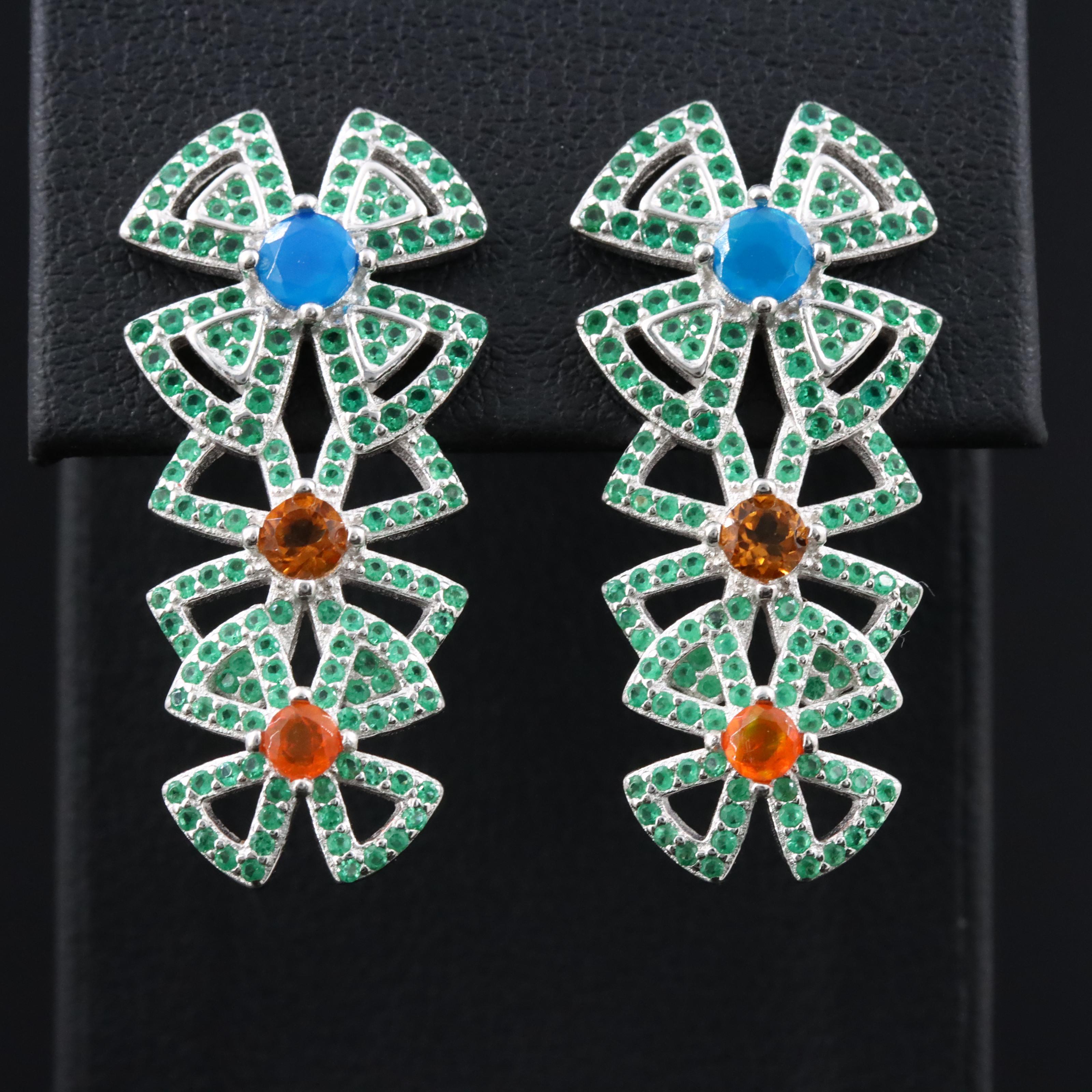Sterling Flower Drop Earrings with Opal, Citrine, and Fire Opal