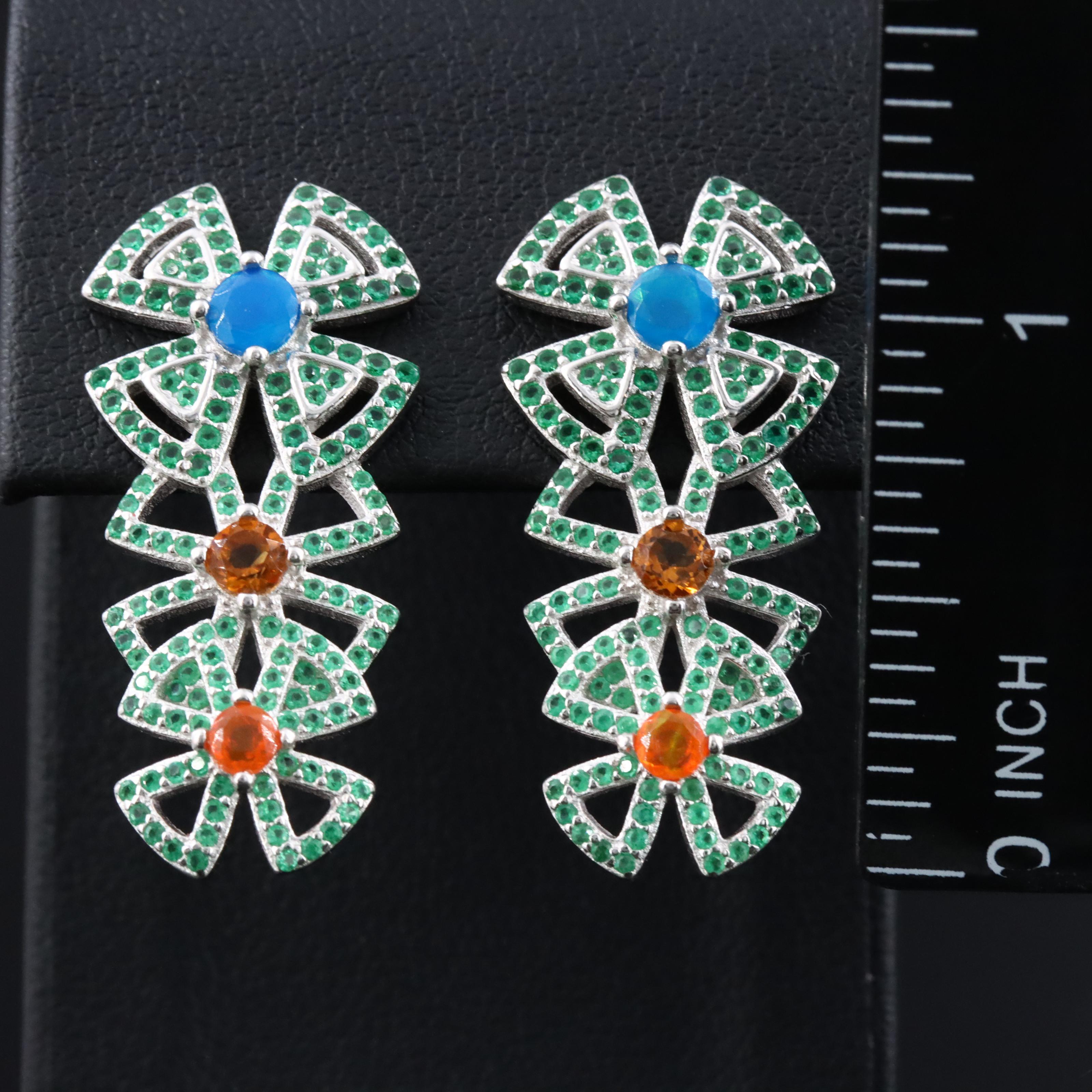 Sterling Flower Drop Earrings with Opal, Citrine, and Fire Opal