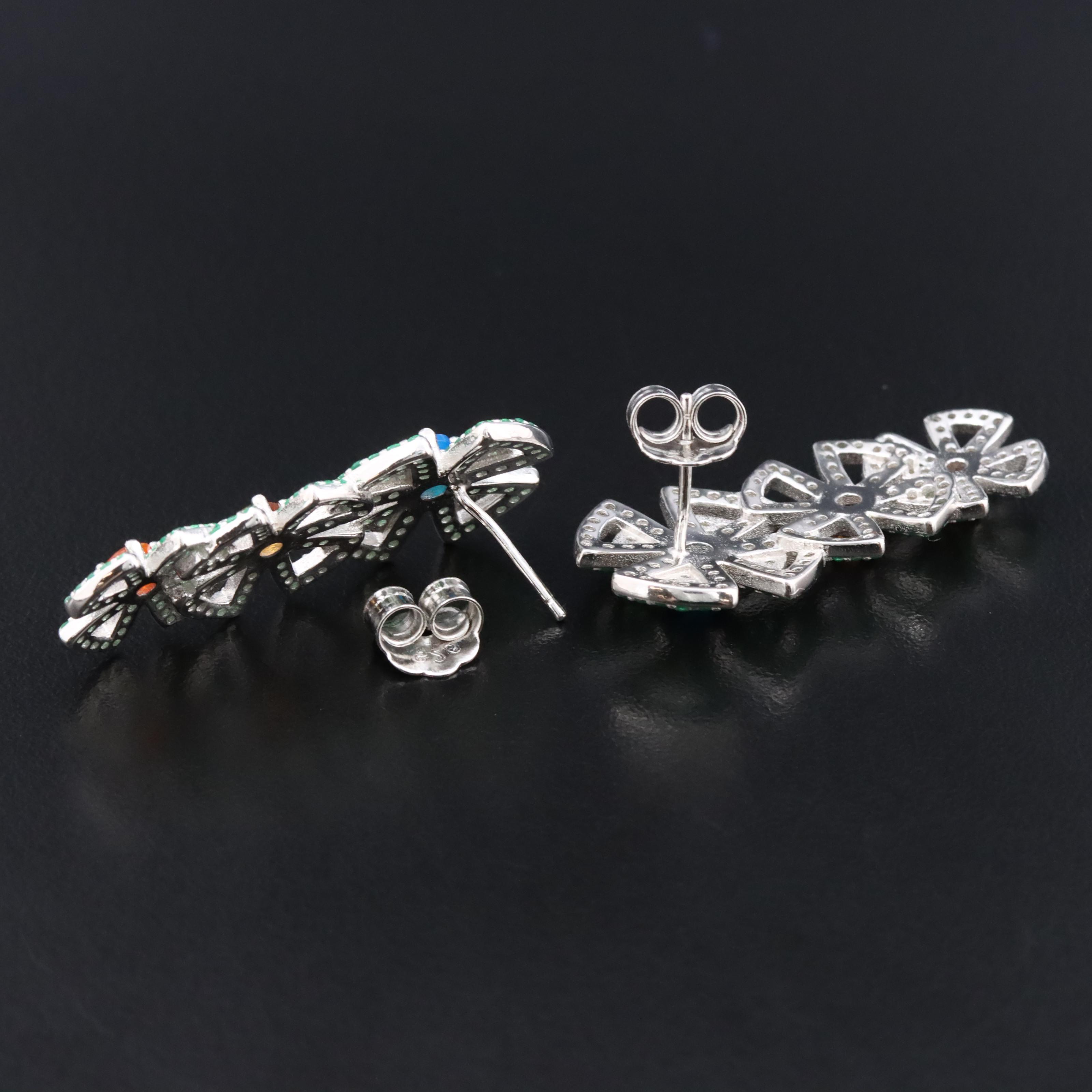 Sterling Flower Drop Earrings with Opal, Citrine, and Fire Opal