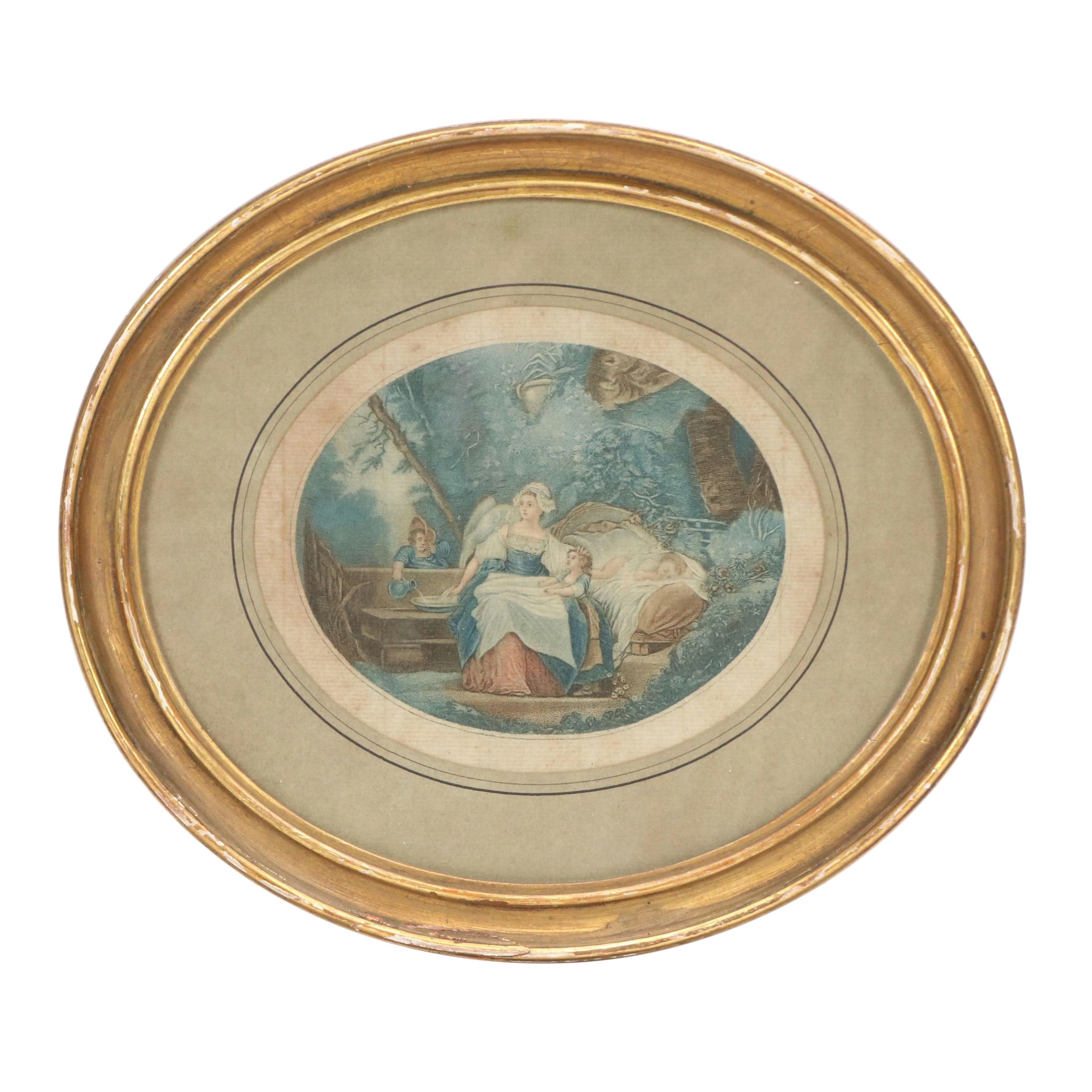 French School Color Lithograph of Mother with Children, 19th Century