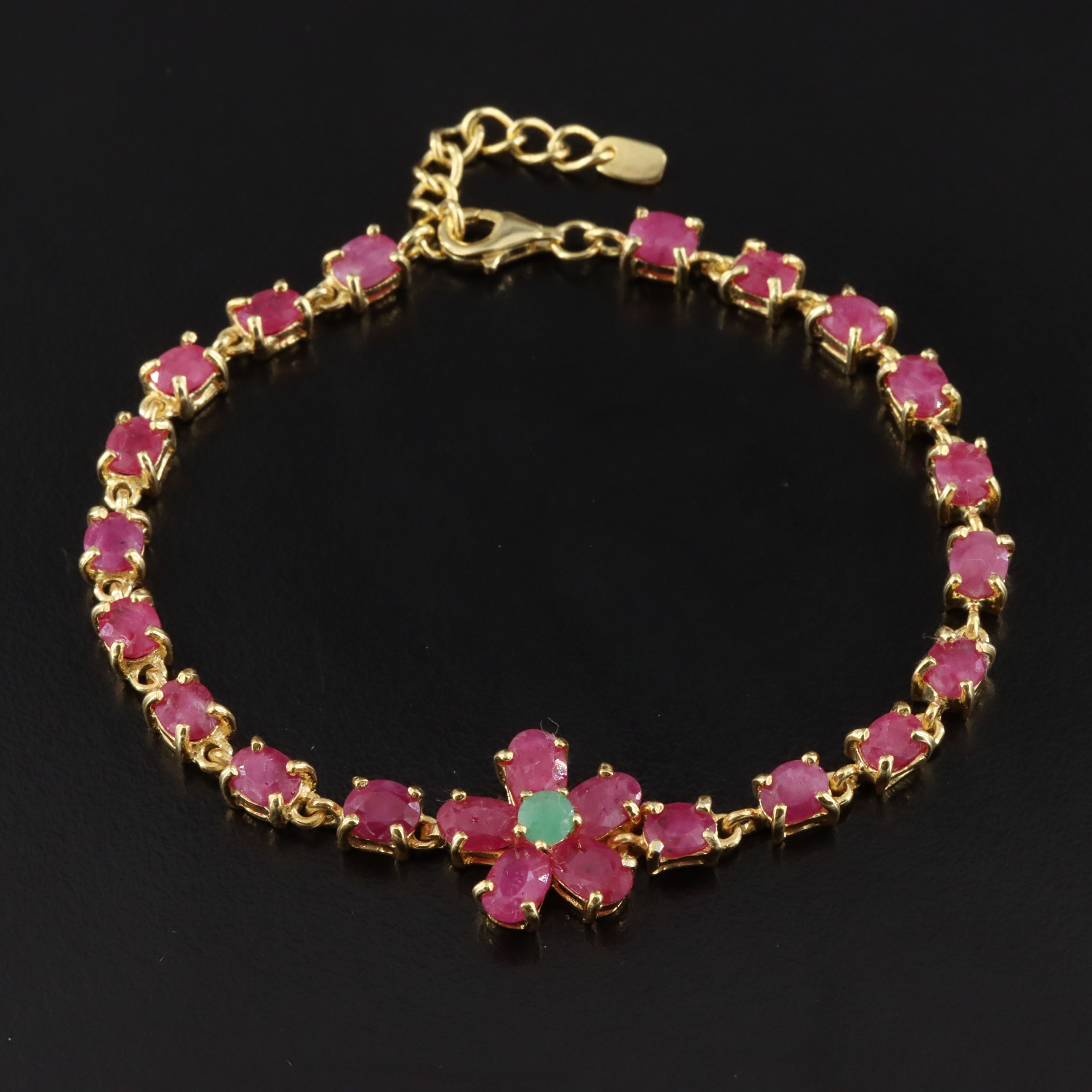 Sterling Ruby and Emerald Flower Station Bracelet