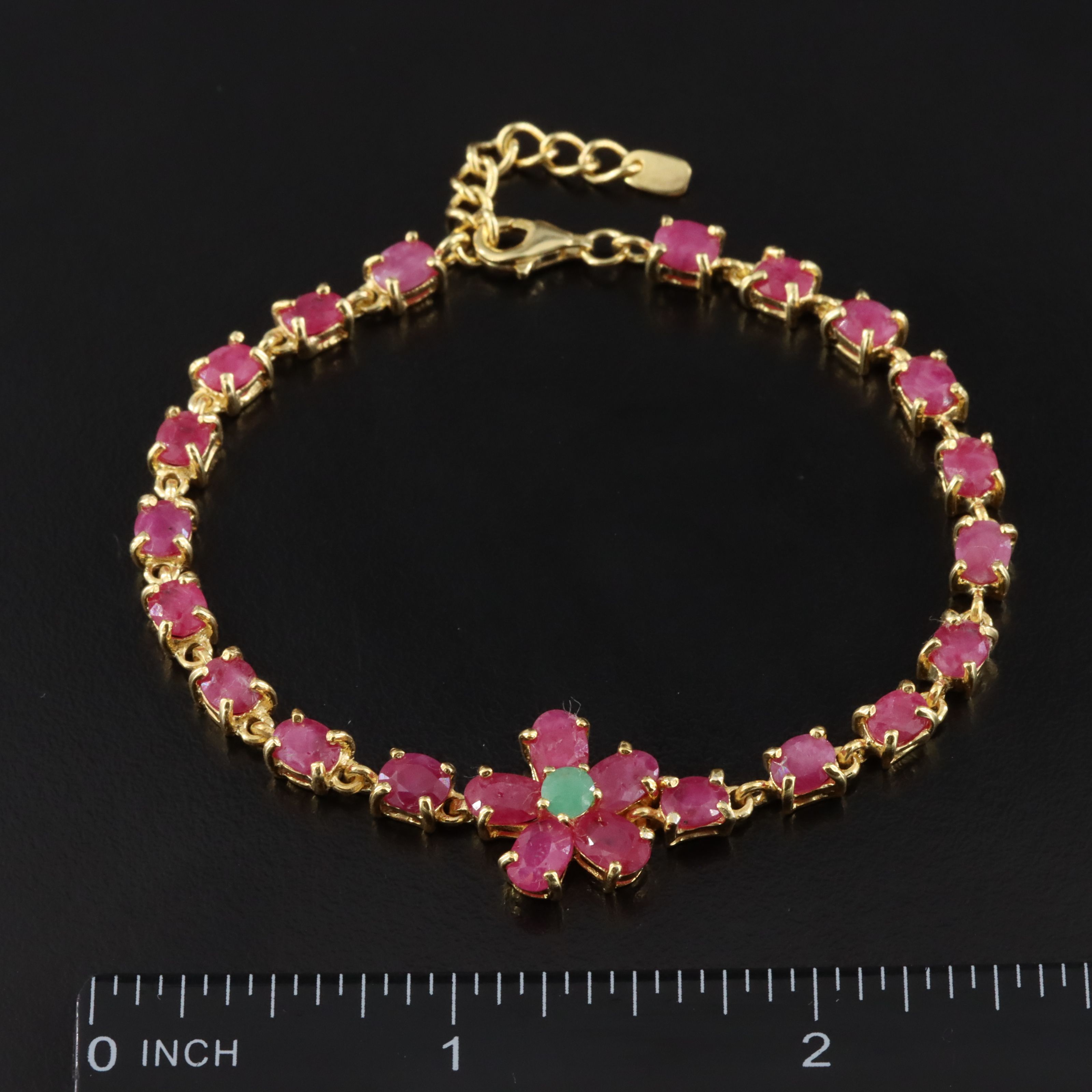 Sterling Ruby and Emerald Flower Station Bracelet