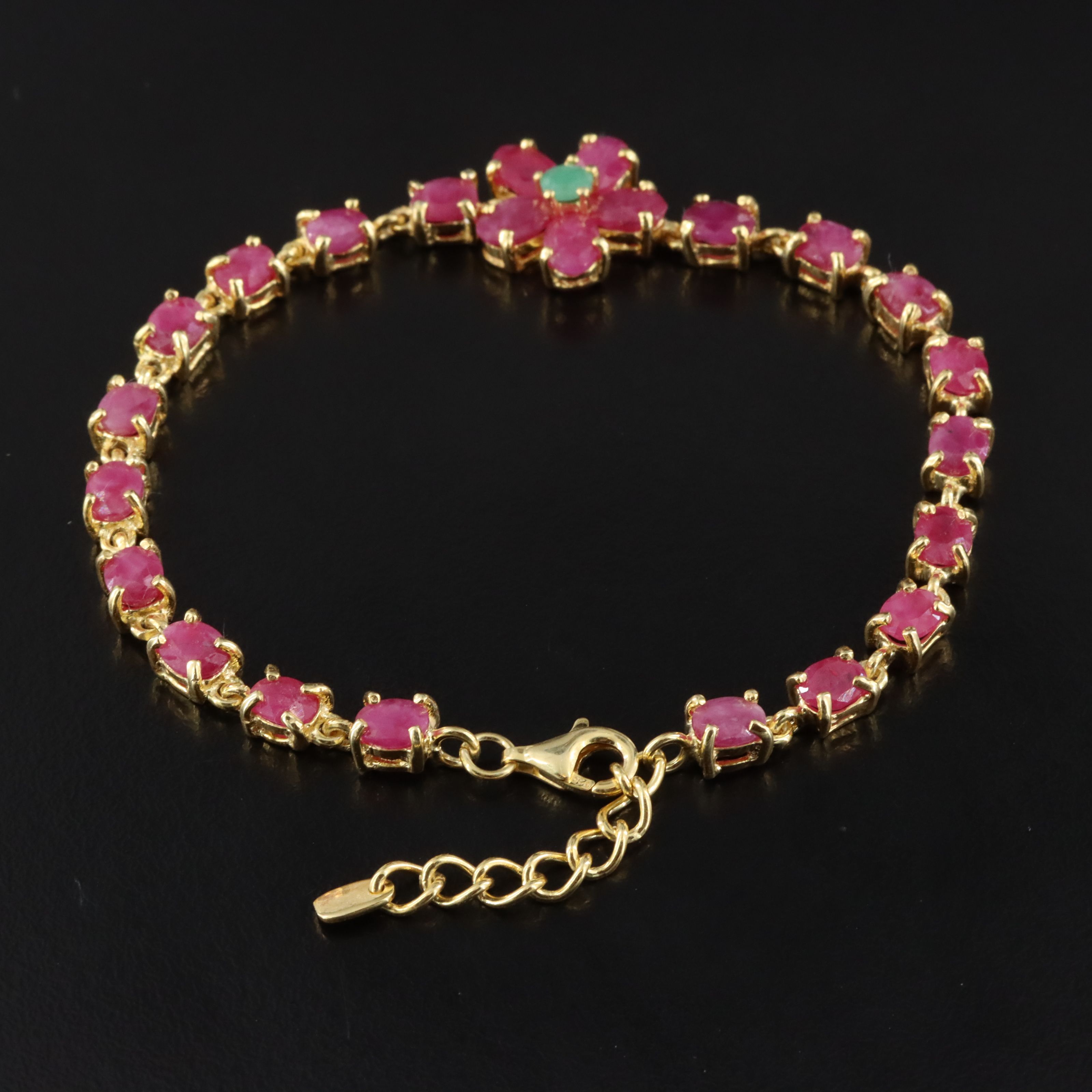 Sterling Ruby and Emerald Flower Station Bracelet