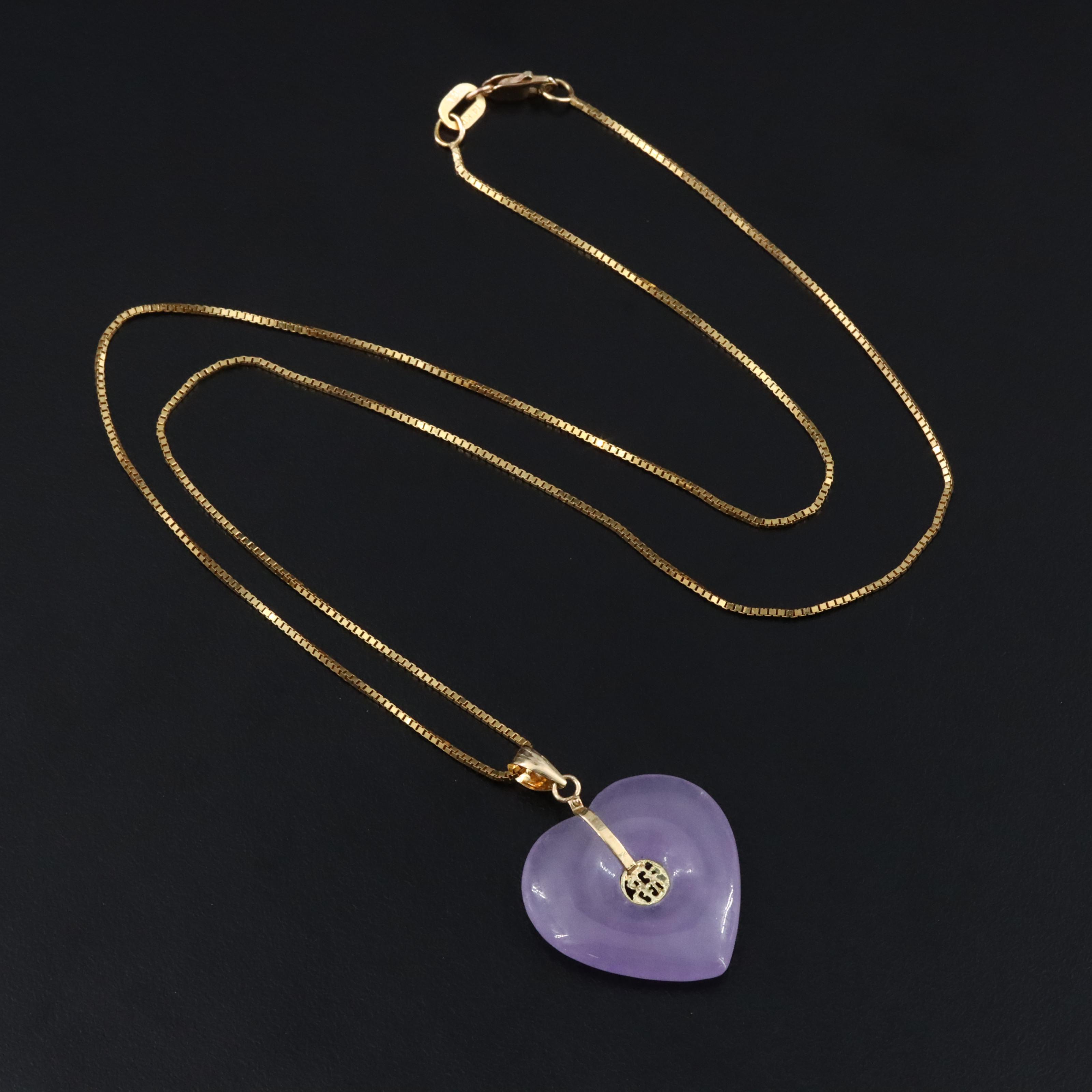 14K Jadeite Heart Prosperity Pendant Necklace