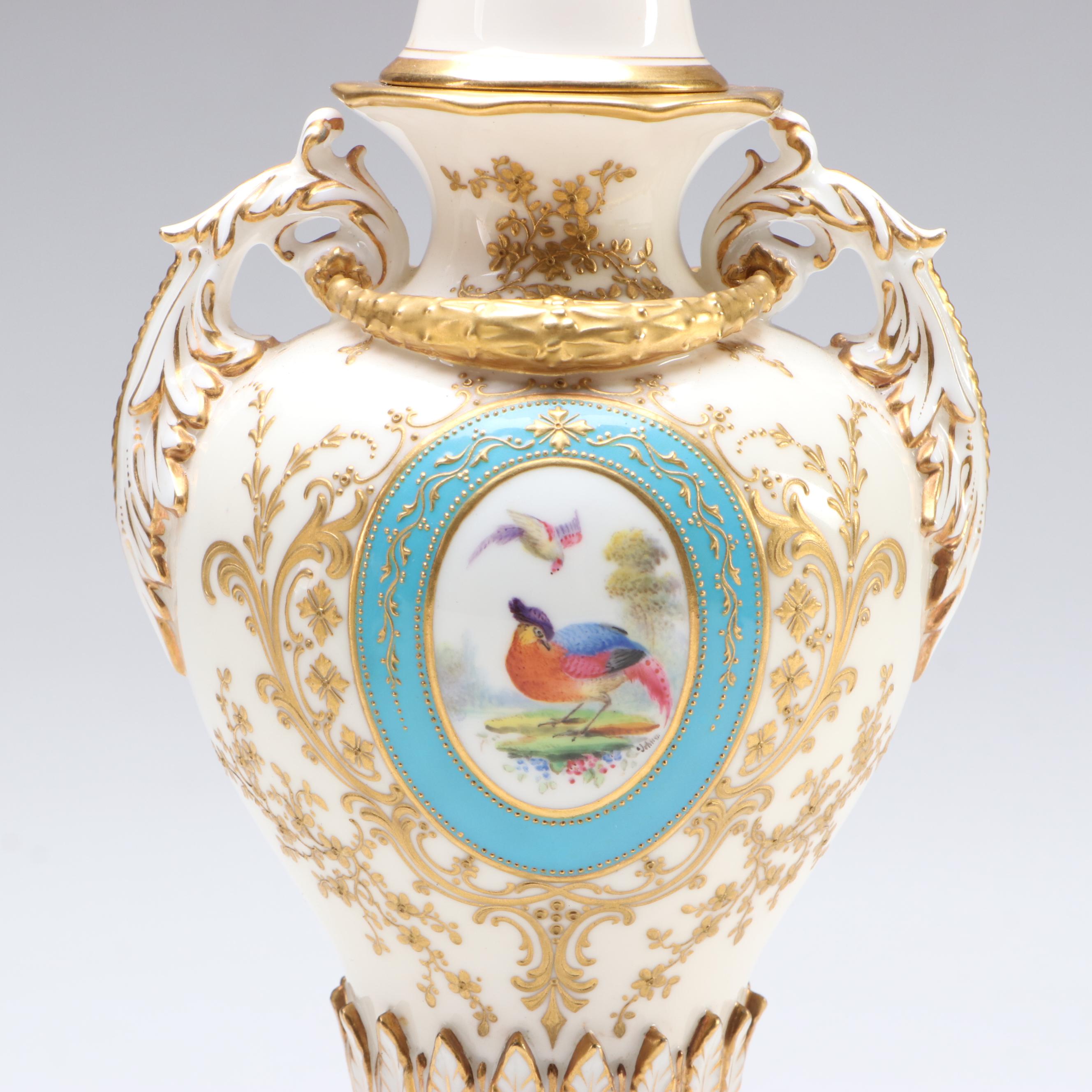 Royal Worcester English Gilt Porcelain Vase and Lidded Urn
