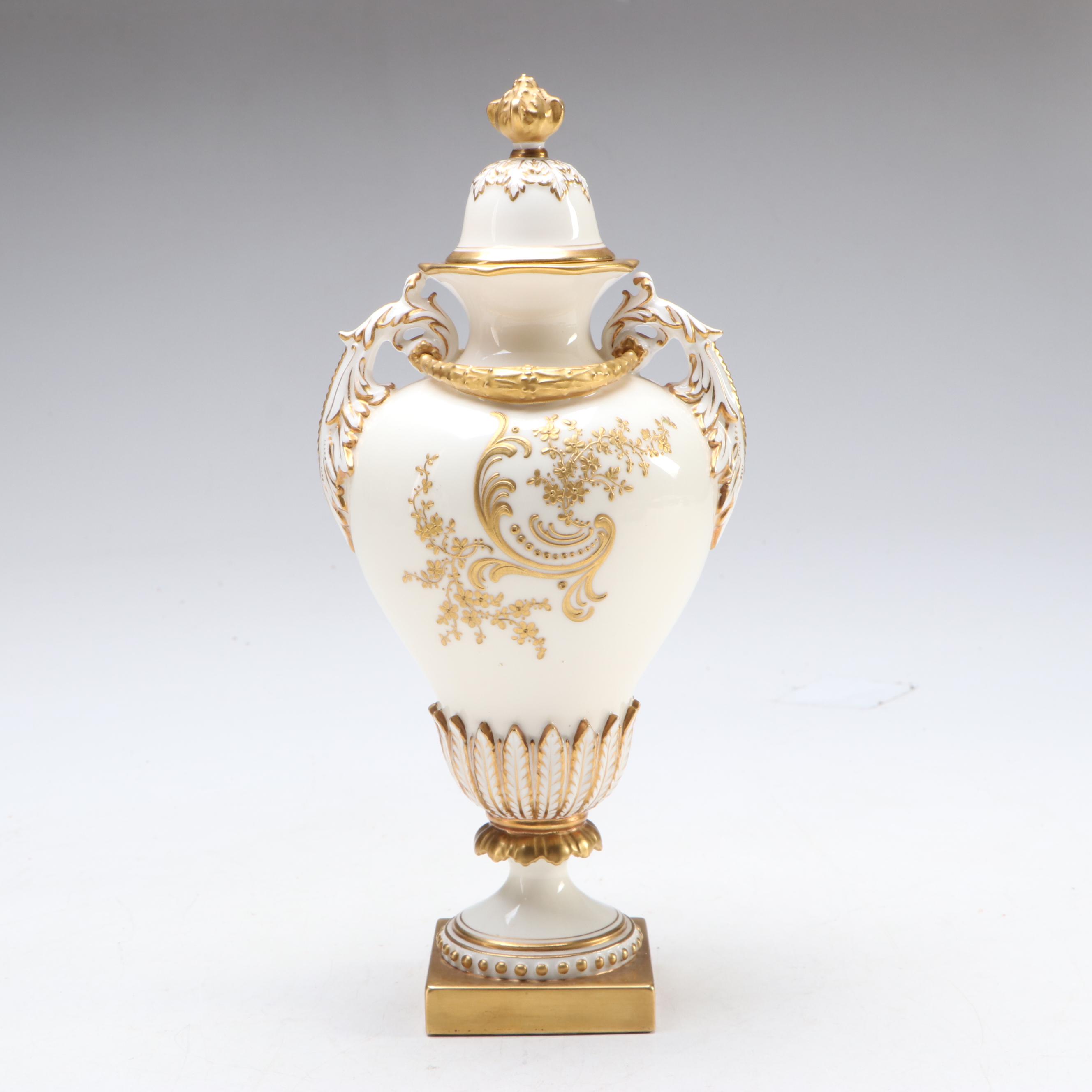 Royal Worcester English Gilt Porcelain Vase and Lidded Urn