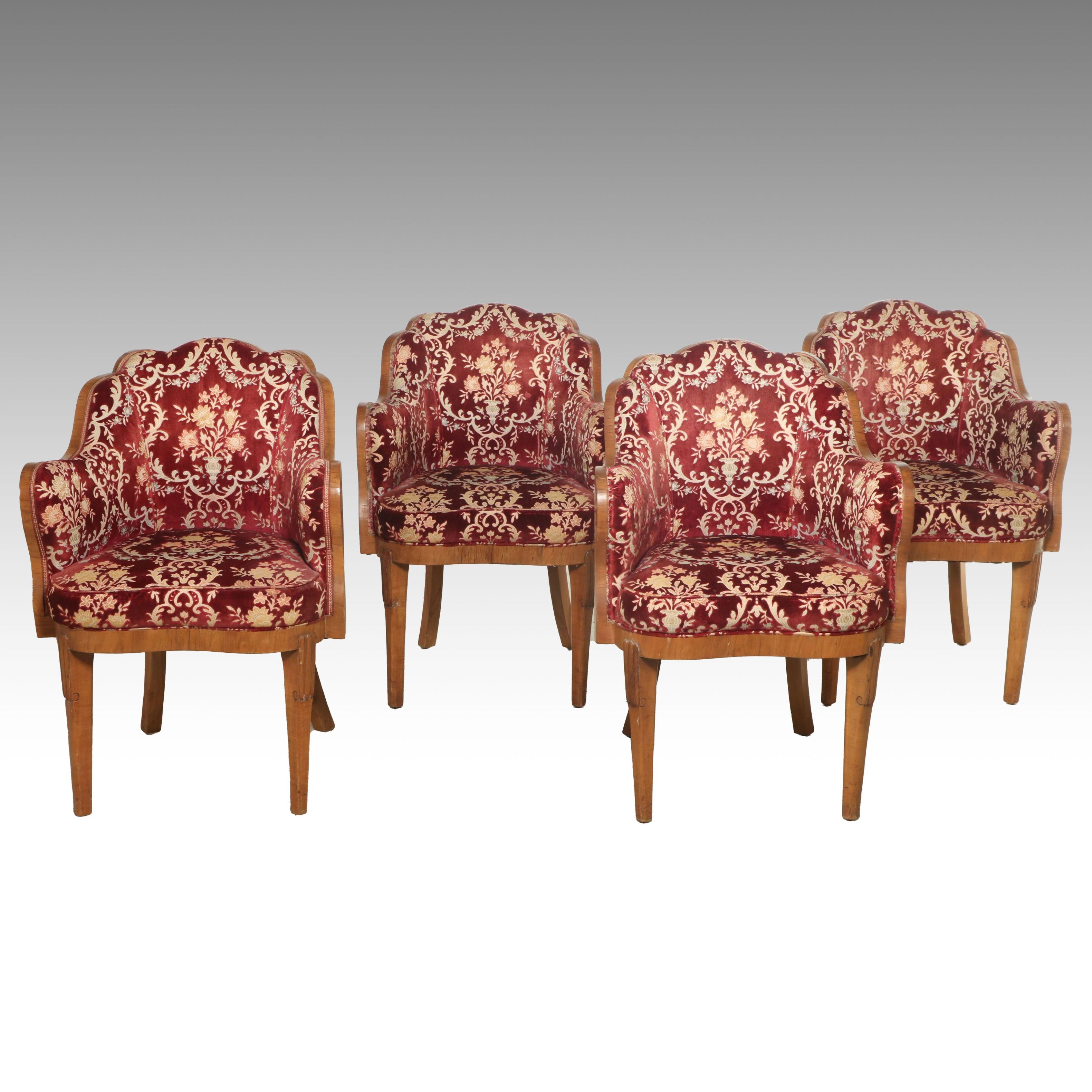 Set of Four French Art Deco Armchairs with Velvet Brocade, 1930s