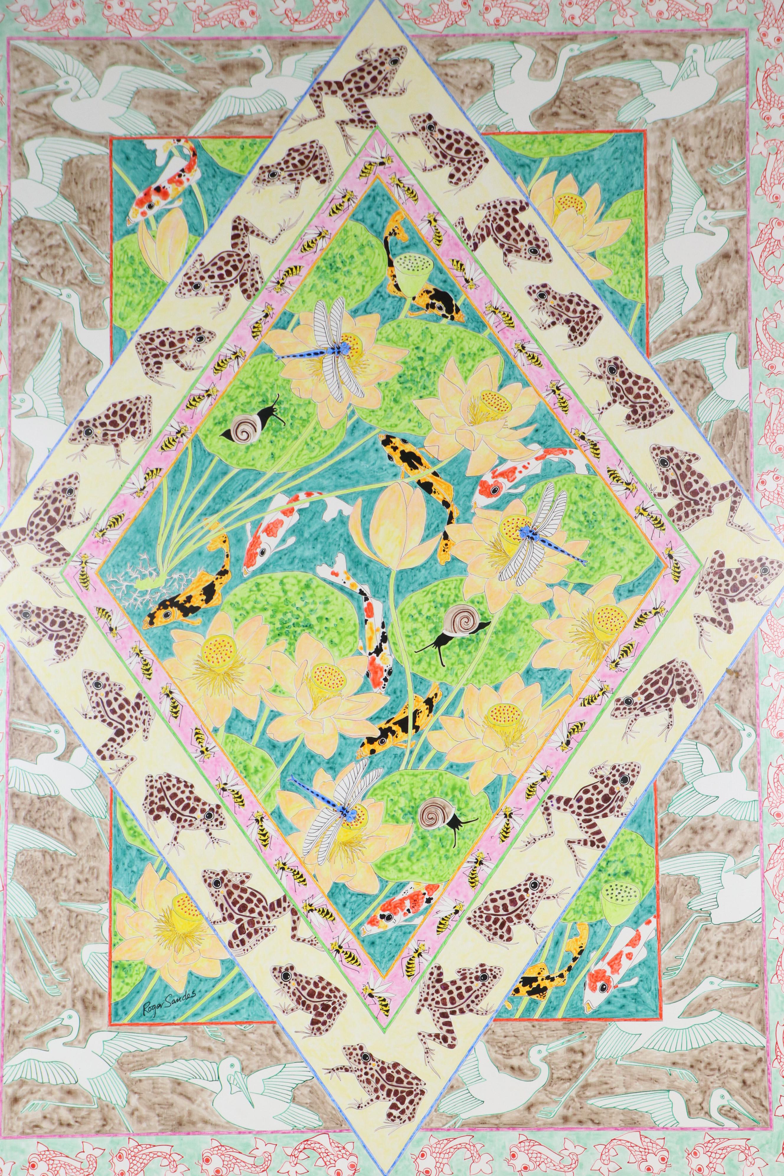 Roger Sandes Mixed Media Painting "Tapestry with Leaping Frogs," 1979