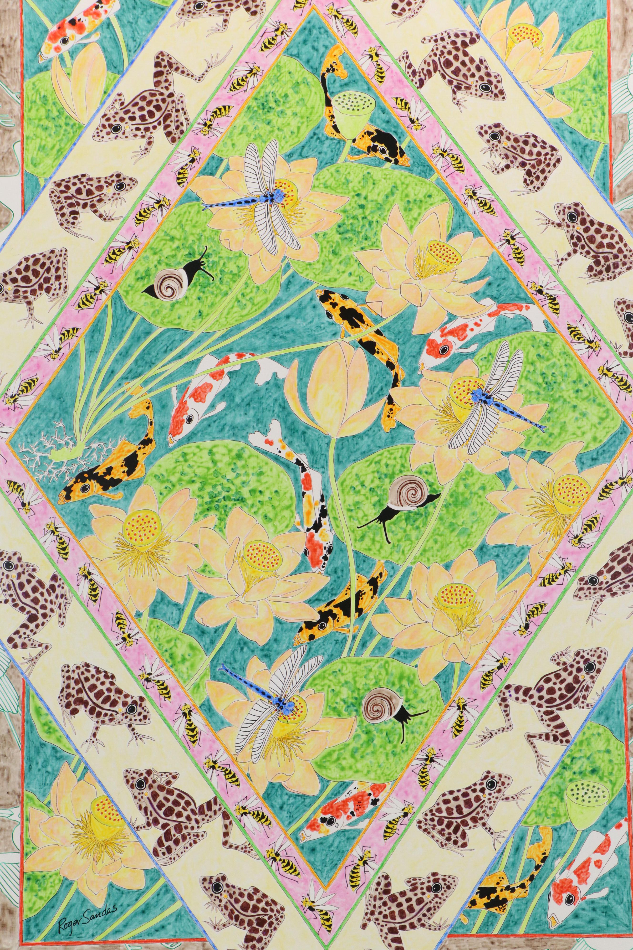 Roger Sandes Mixed Media Painting "Tapestry with Leaping Frogs," 1979