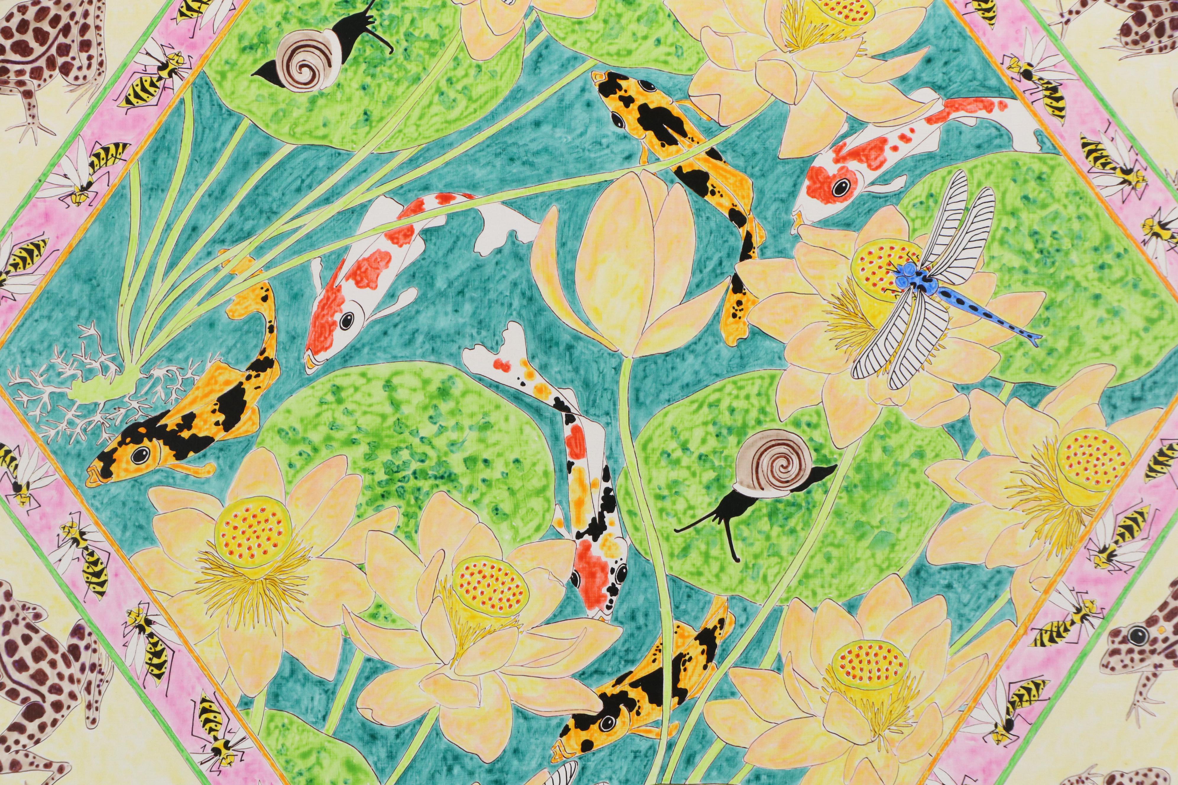 Roger Sandes Mixed Media Painting "Tapestry with Leaping Frogs," 1979