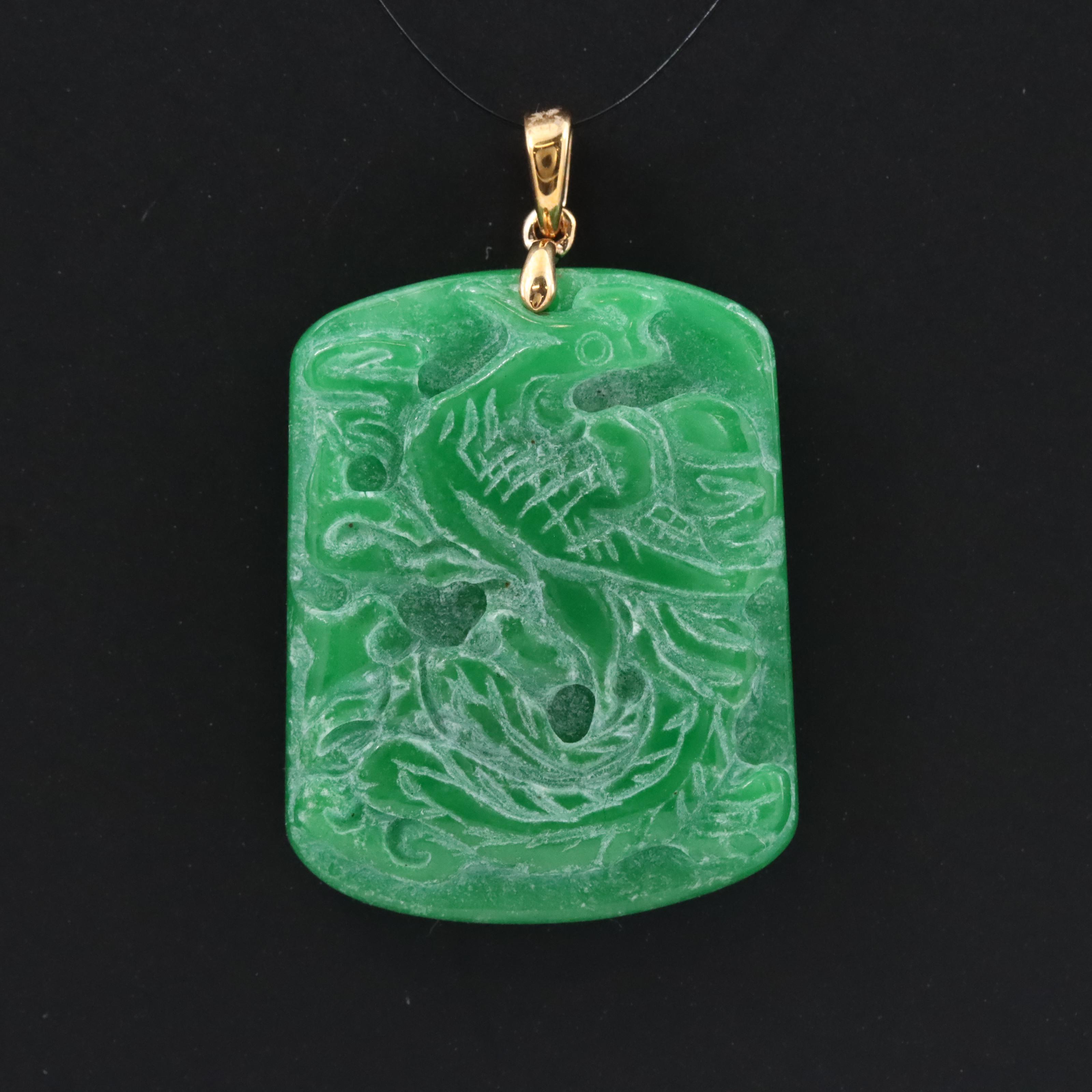 10K Carved Jadeite Phoenix Pendant