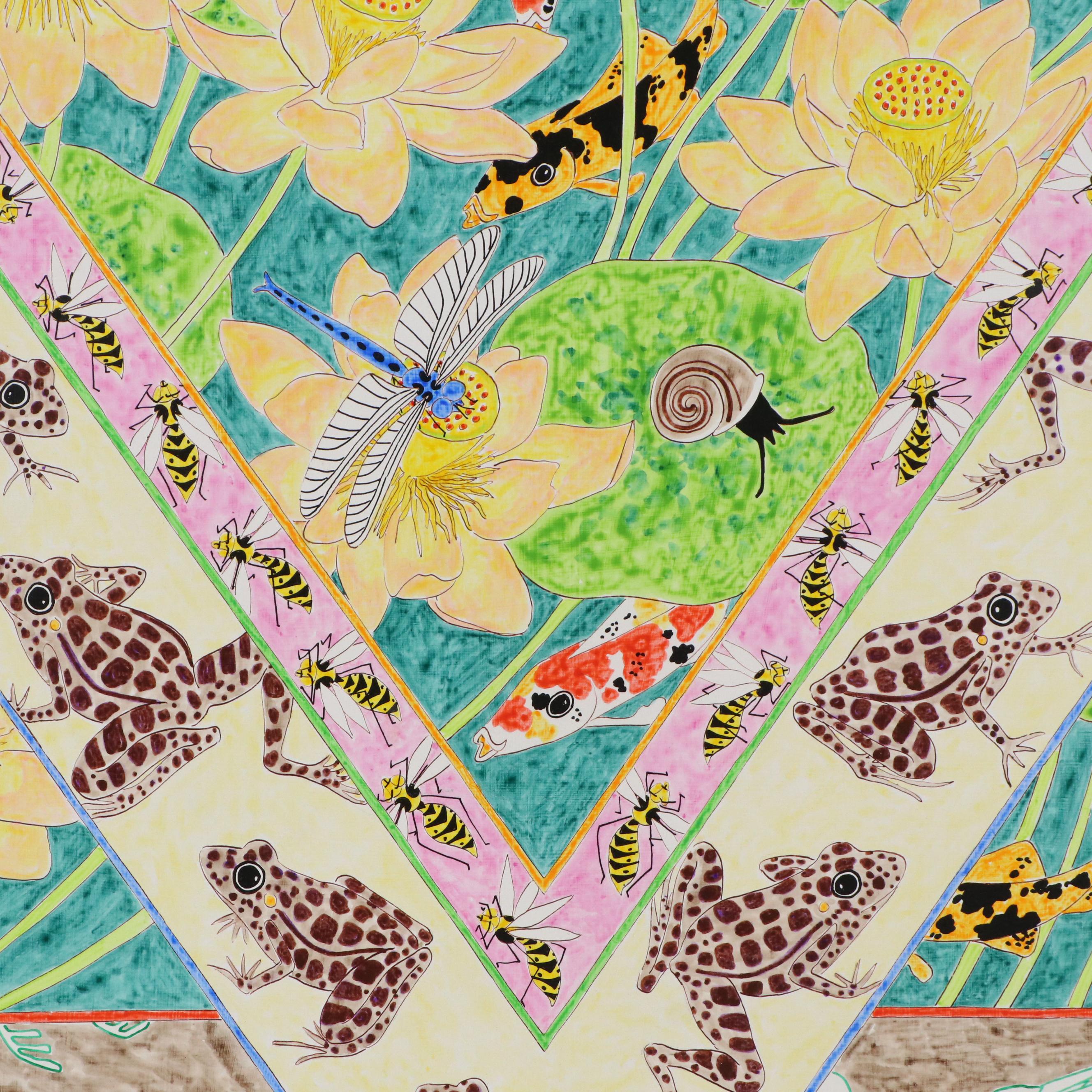 Roger Sandes Mixed Media Painting "Tapestry with Leaping Frogs," 1979