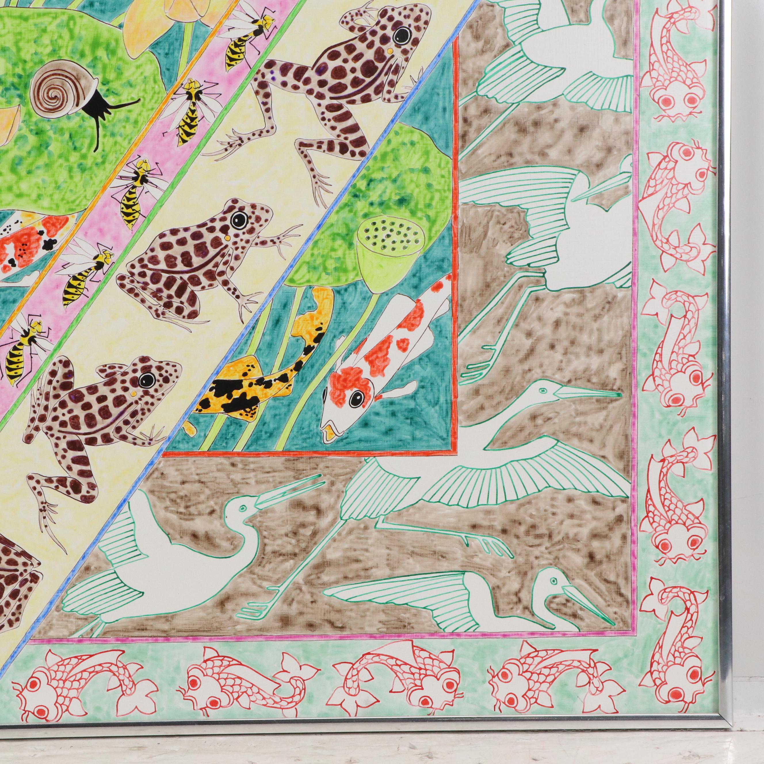 Roger Sandes Mixed Media Painting "Tapestry with Leaping Frogs," 1979