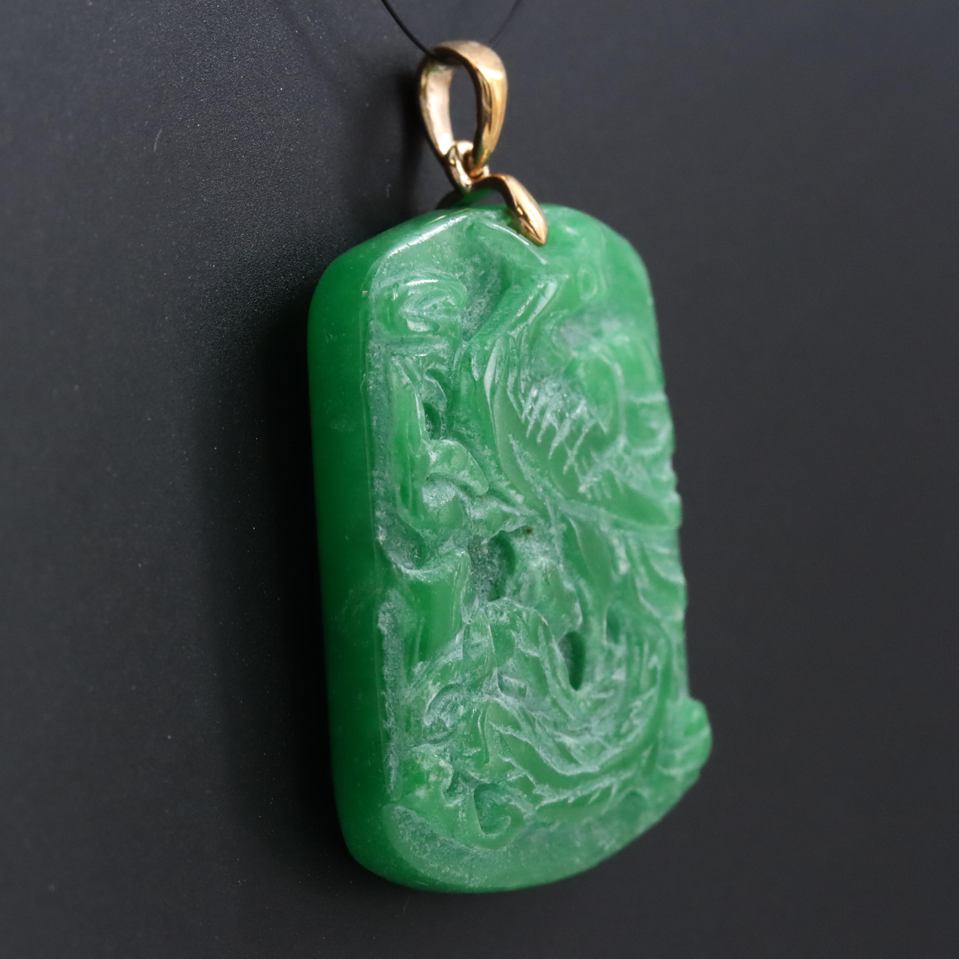 10K Carved Jadeite Phoenix Pendant