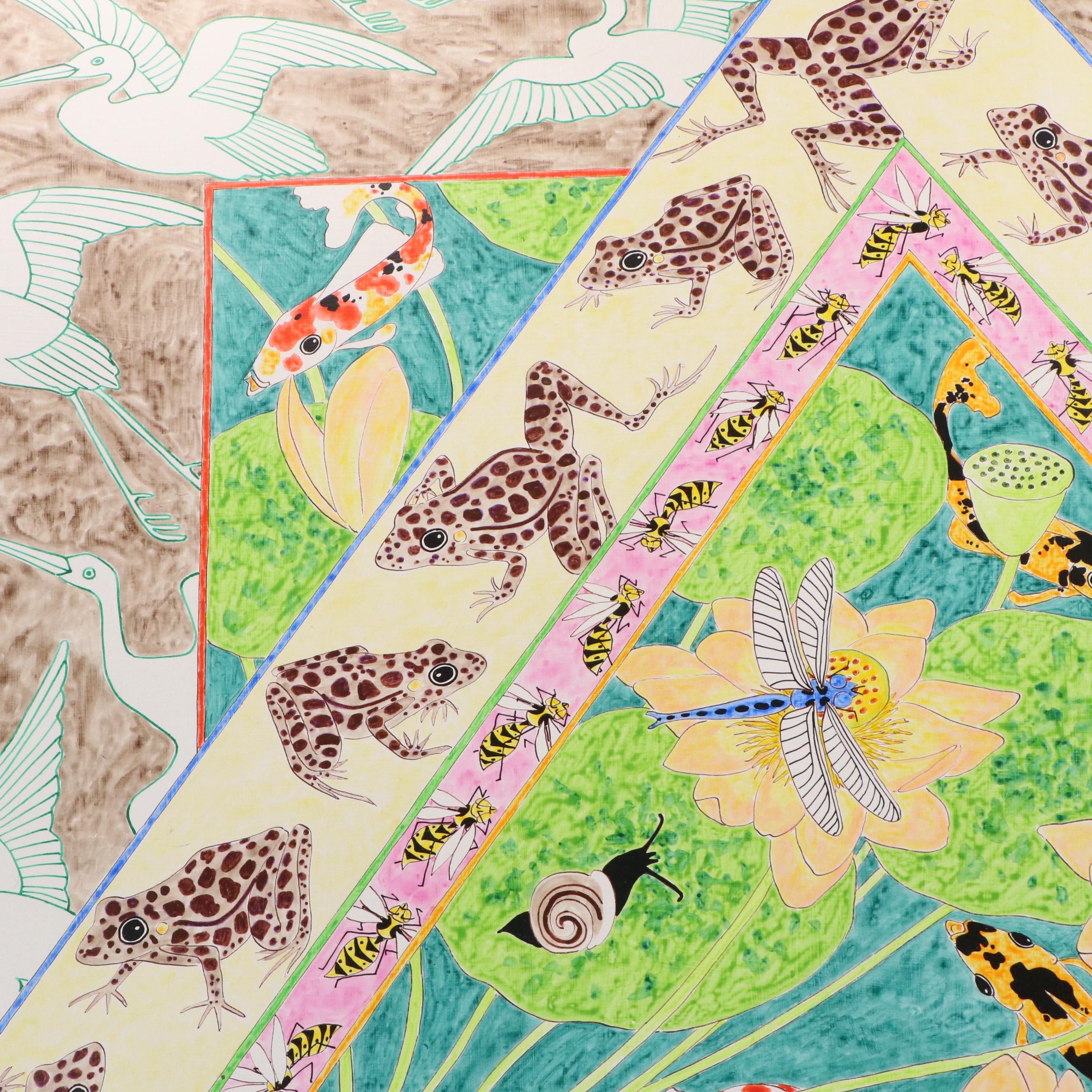 Roger Sandes Mixed Media Painting "Tapestry with Leaping Frogs," 1979