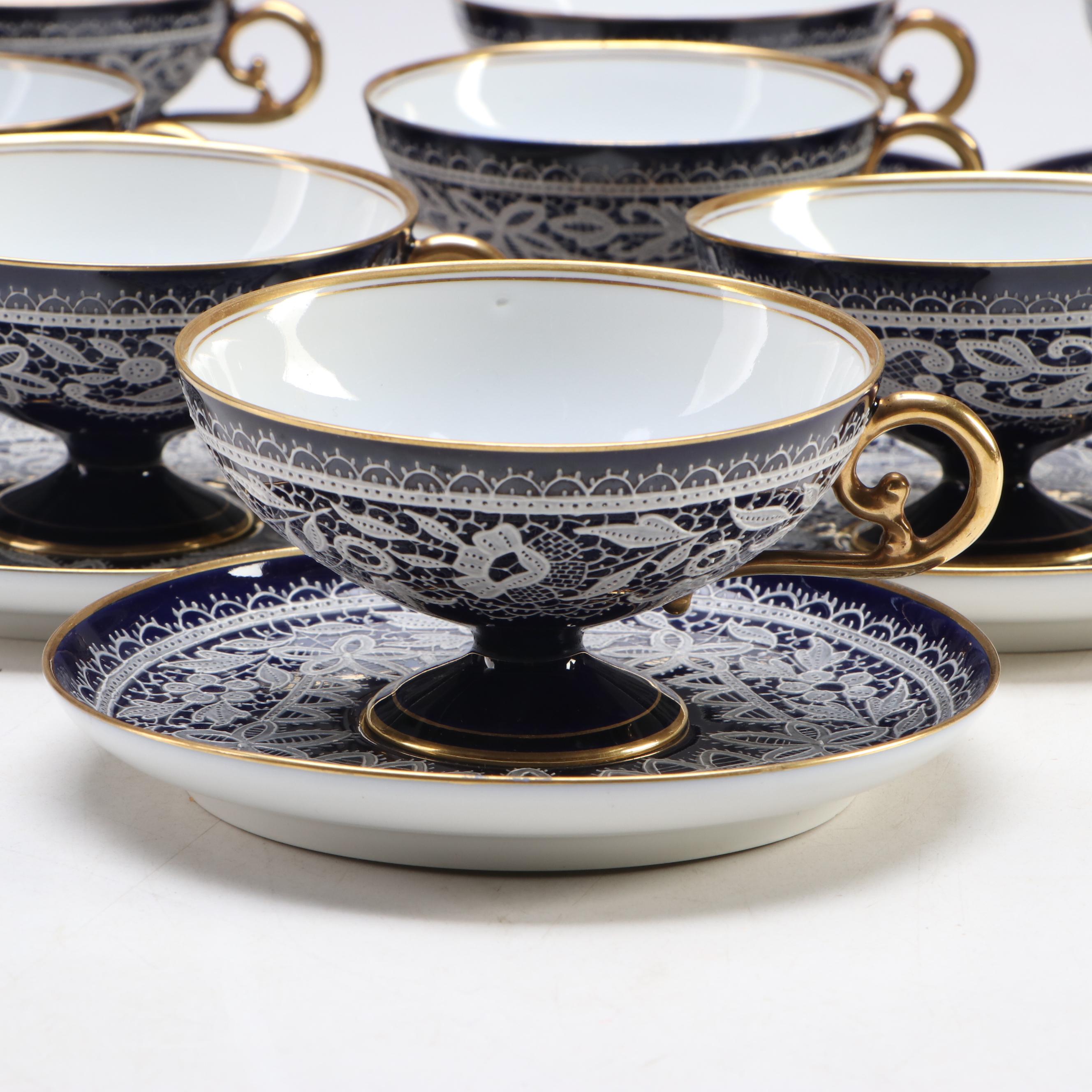 Italian Testolini Venezia Gilt Porcelain Teacups and Saucers