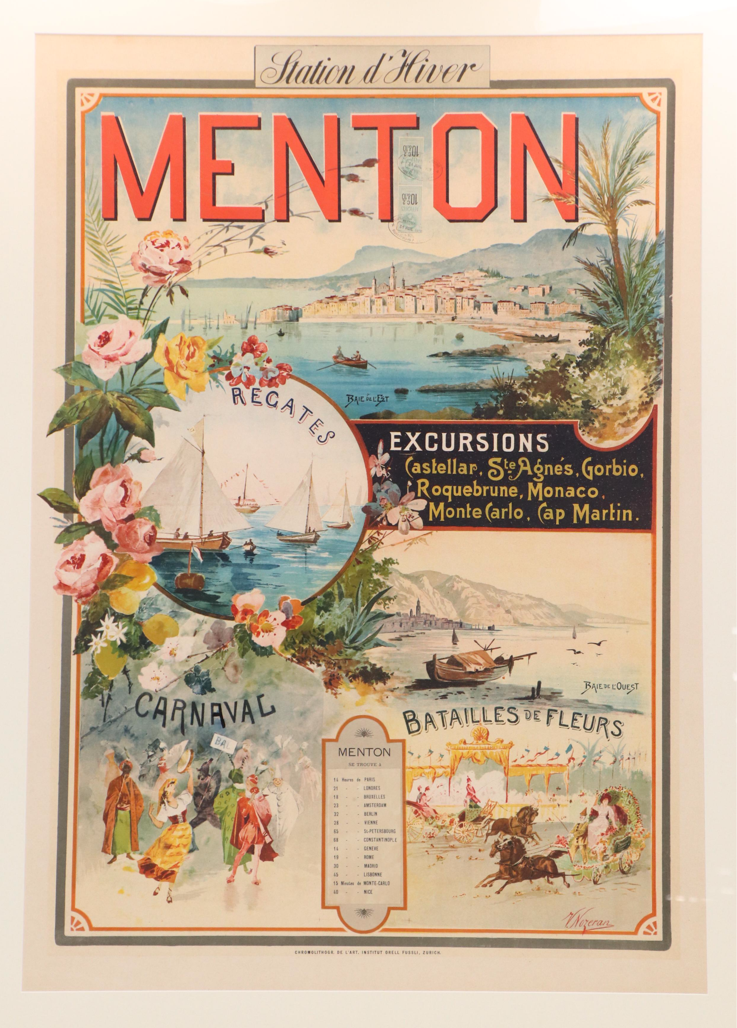 Chromolithograph Travel Poster "Menton," Circa 1900