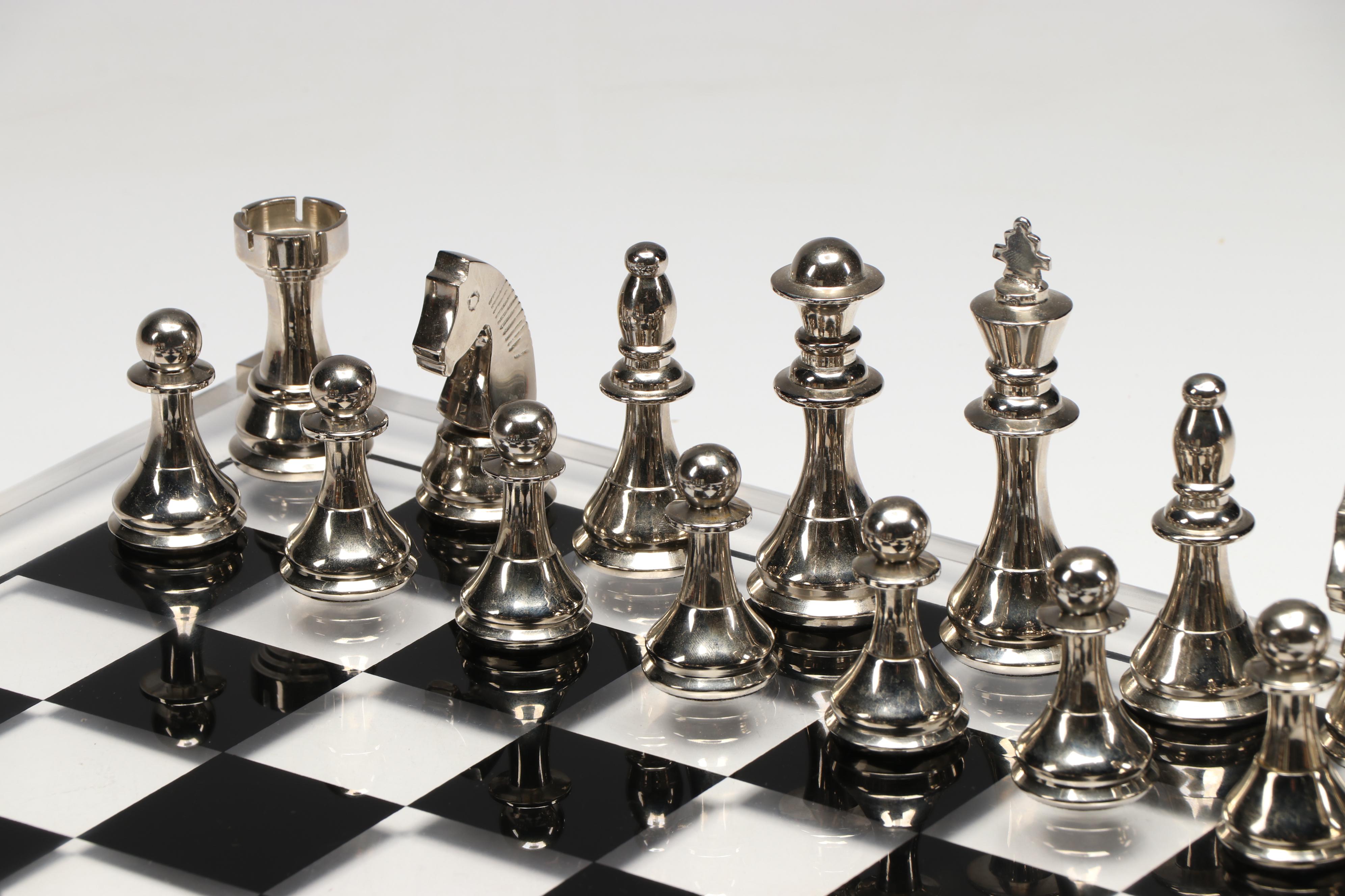 Contemporary Acrylic Chessboard with Metal Pieces