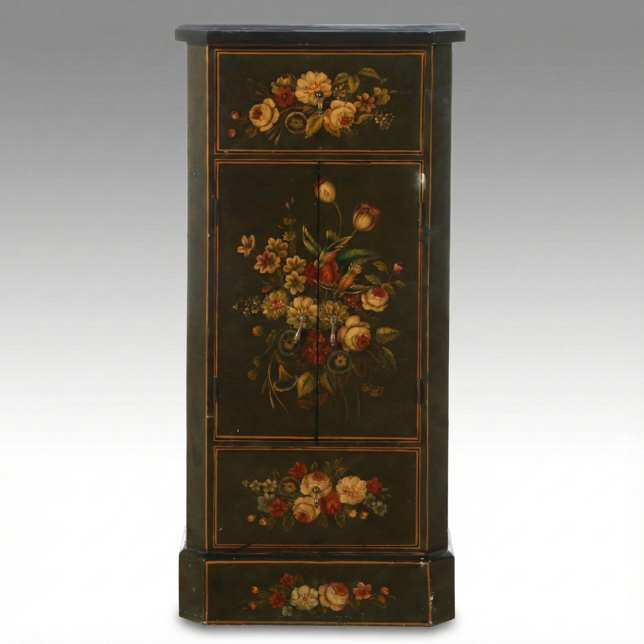Hand-Painted Cabinet with Decorative Floral Arrangements