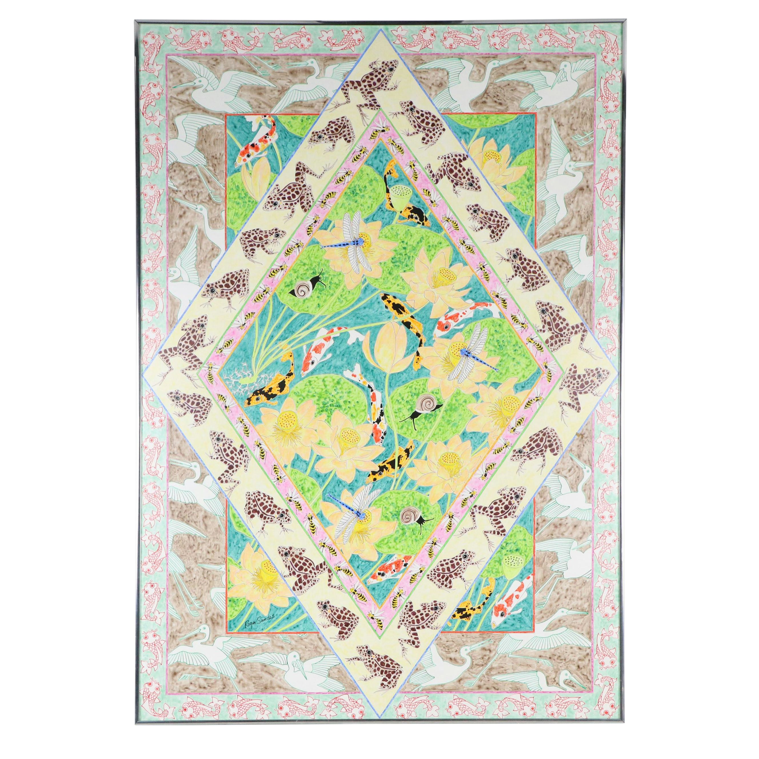Roger Sandes Mixed Media Painting "Tapestry with Leaping Frogs," 1979