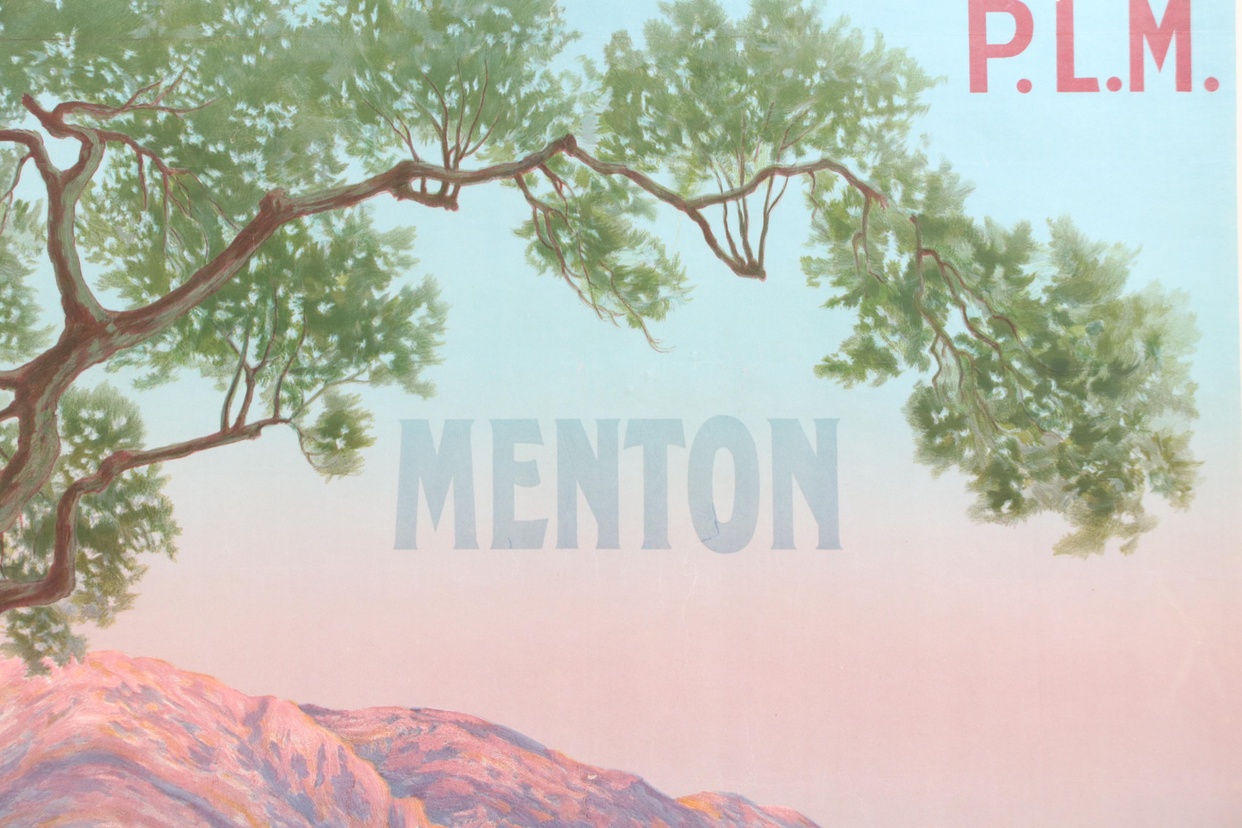 Morel De Tanguy Paris-Lyon-Méditerranée Railway Travel Poster "Menton"