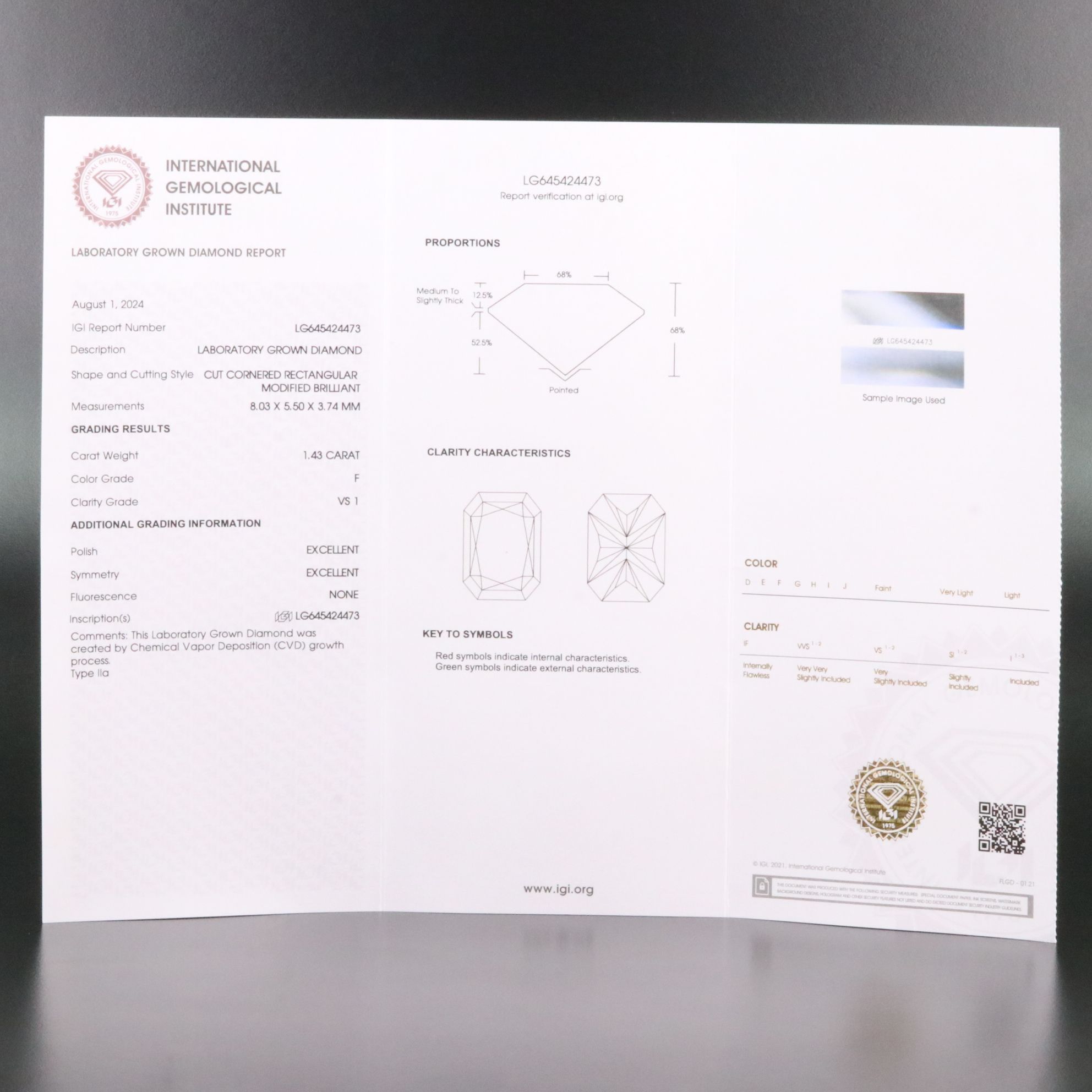 Loose 1.43 CT Lab Grown Diamond with IGI Report