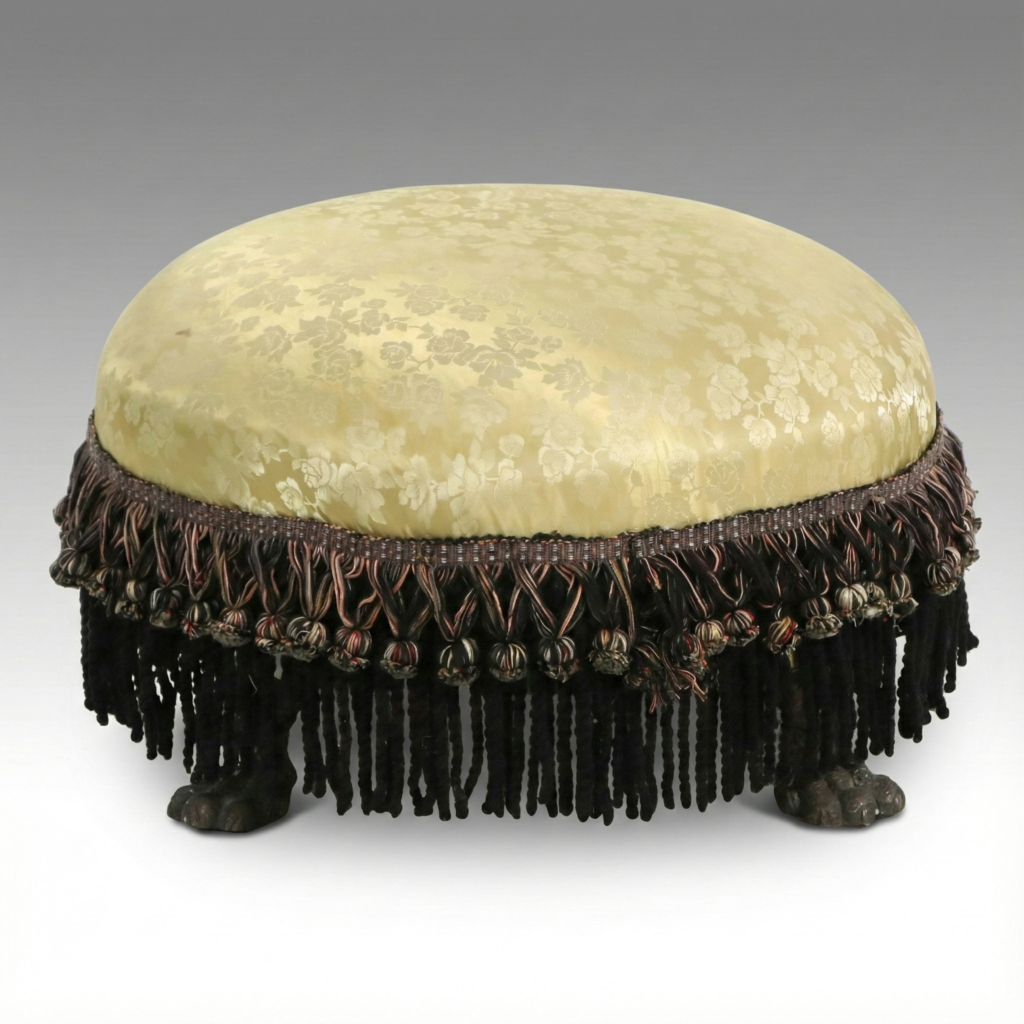 Empire Style Damask Upholstered Footstool with Bronze Paw Feet