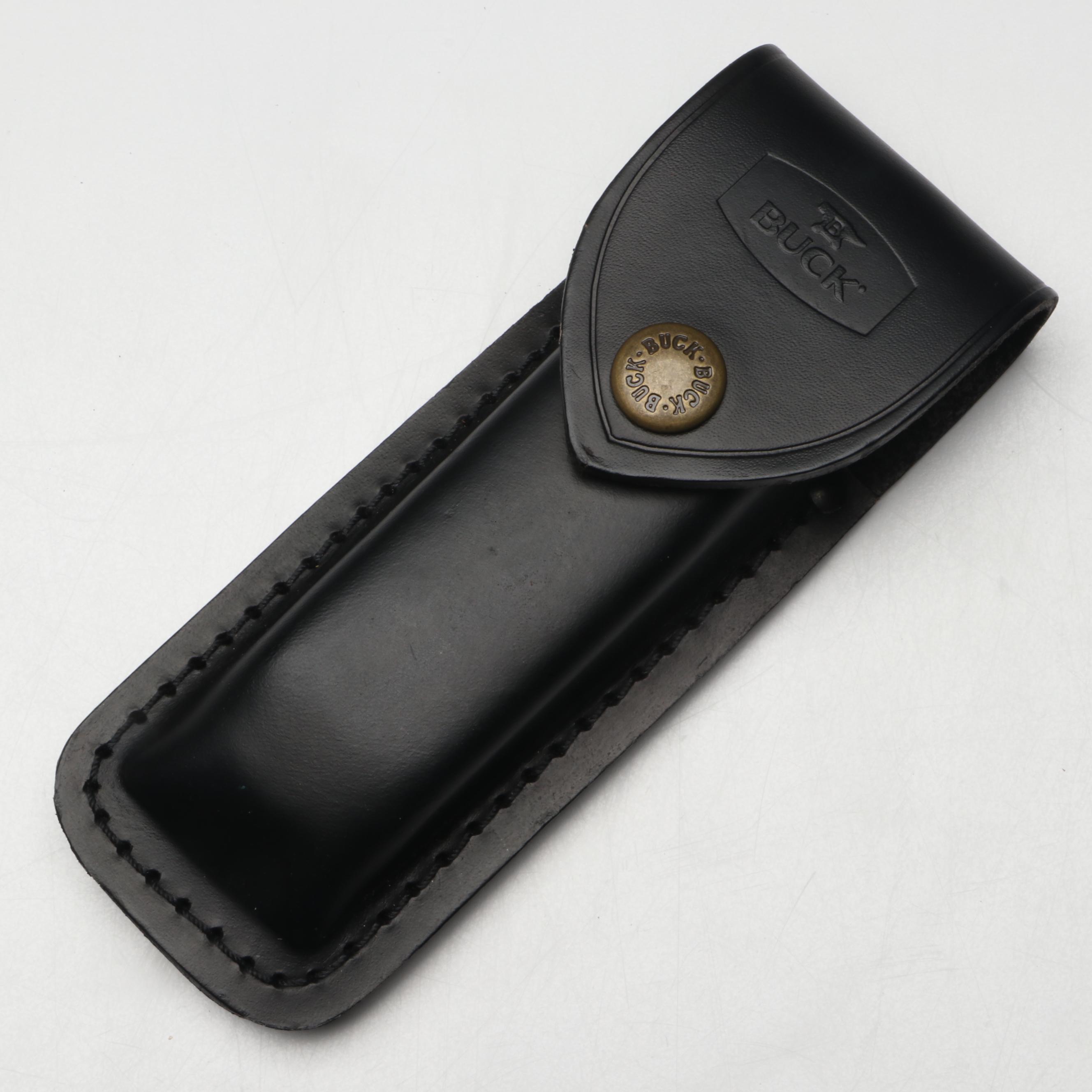 Boker Damascus Steel and Stone Handled Folding Knife in Leather Scabbard