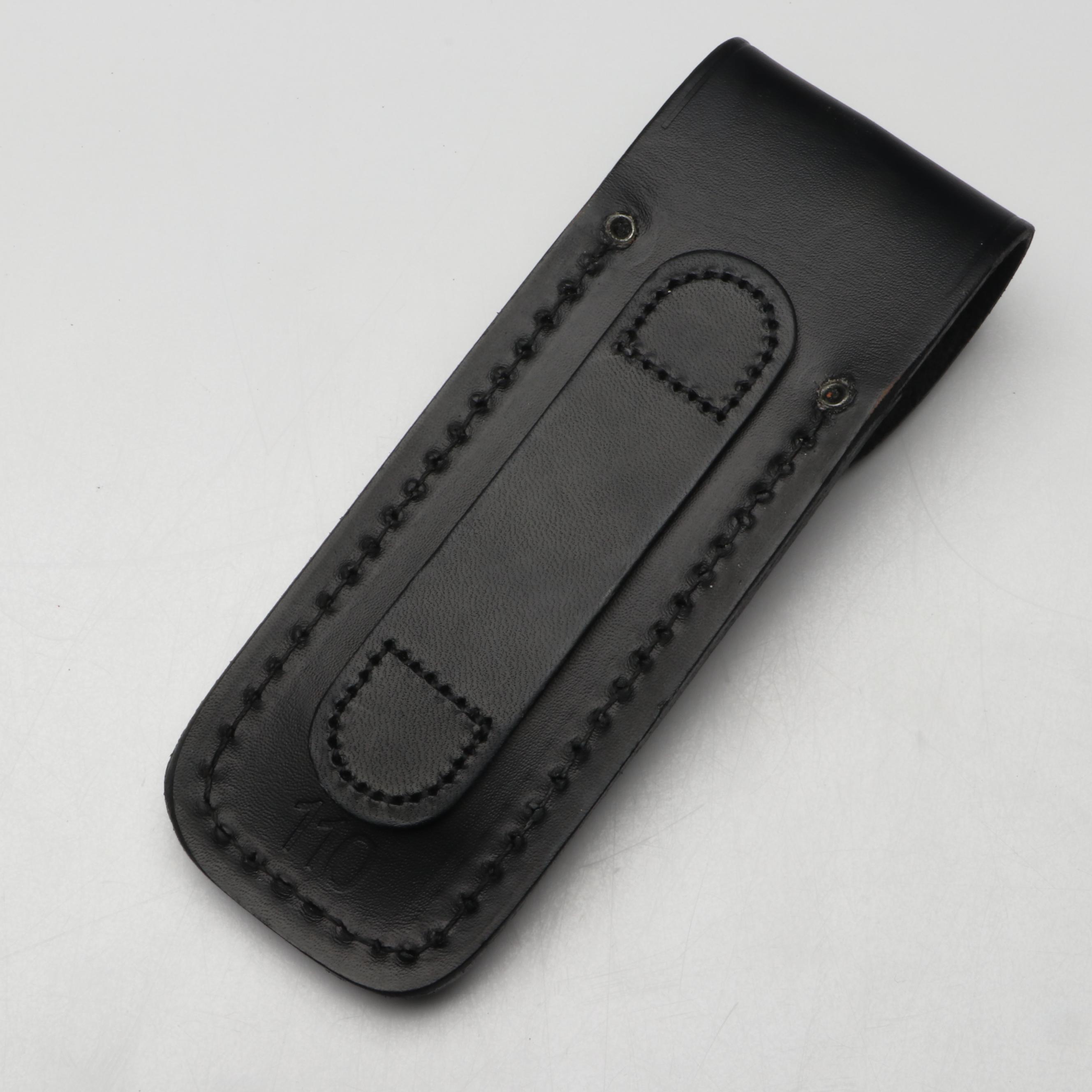 Boker Damascus Steel and Stone Handled Folding Knife in Leather Scabbard