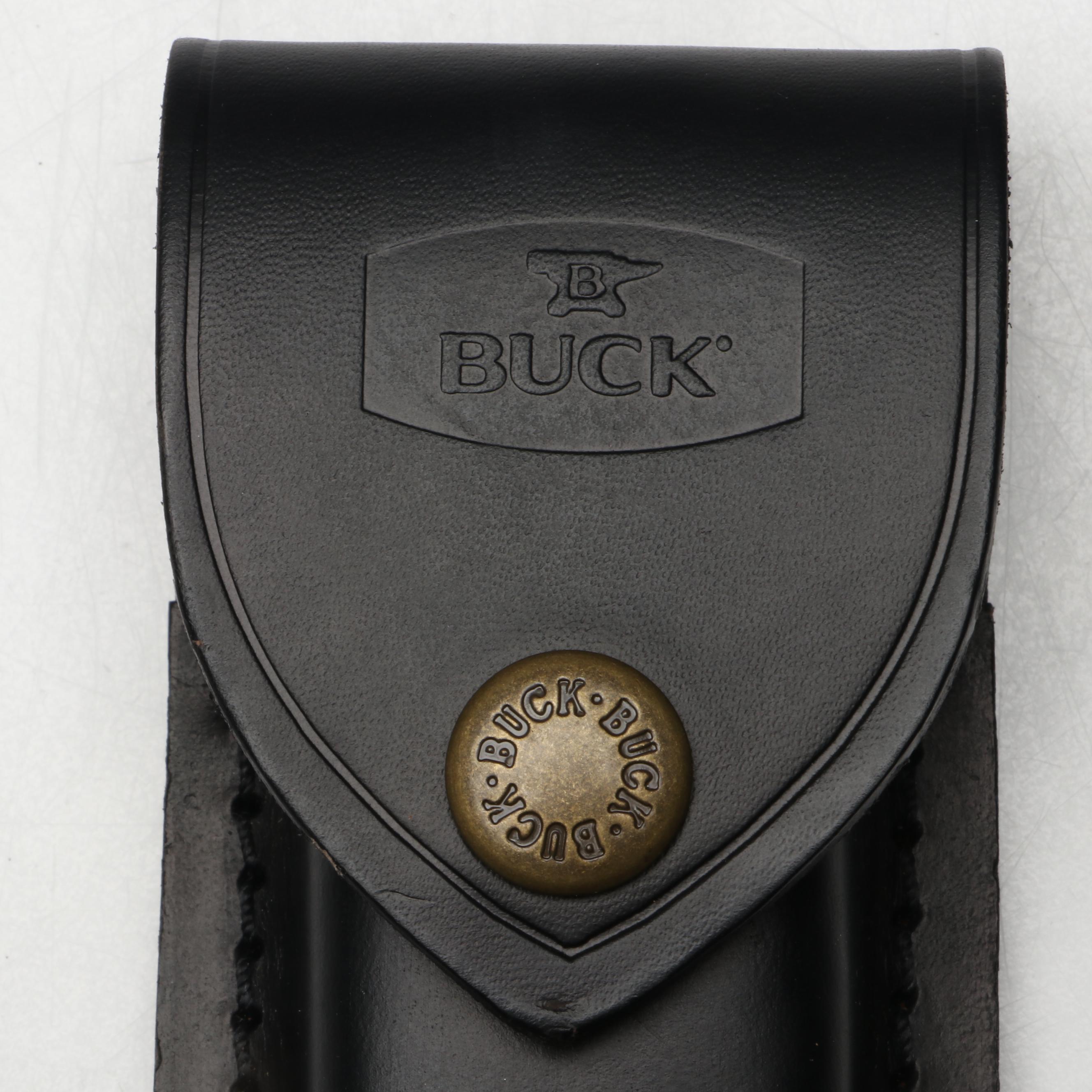 Boker Damascus Steel and Stone Handled Folding Knife in Leather Scabbard