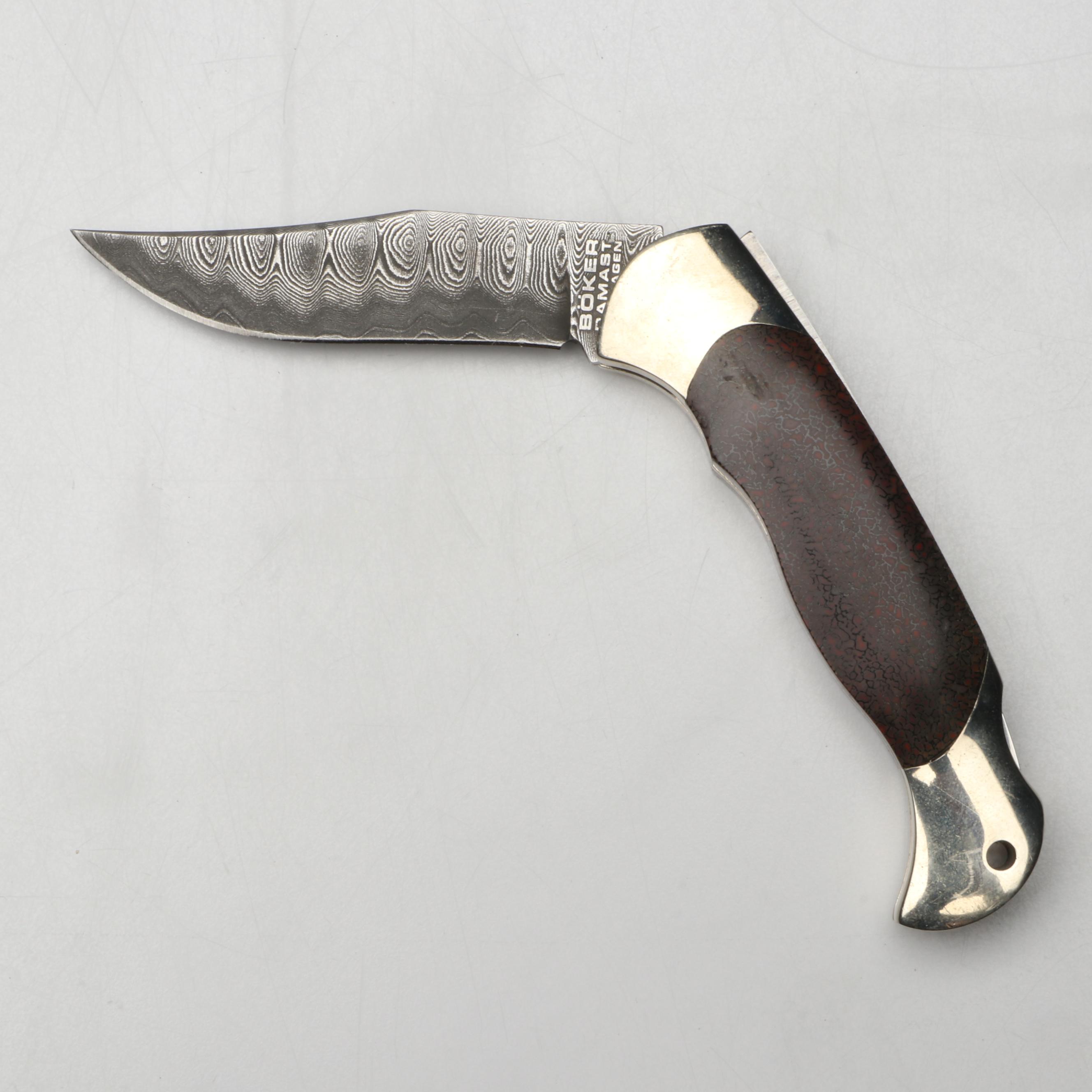 Boker Damascus Steel and Stone Handled Folding Knife in Leather Scabbard