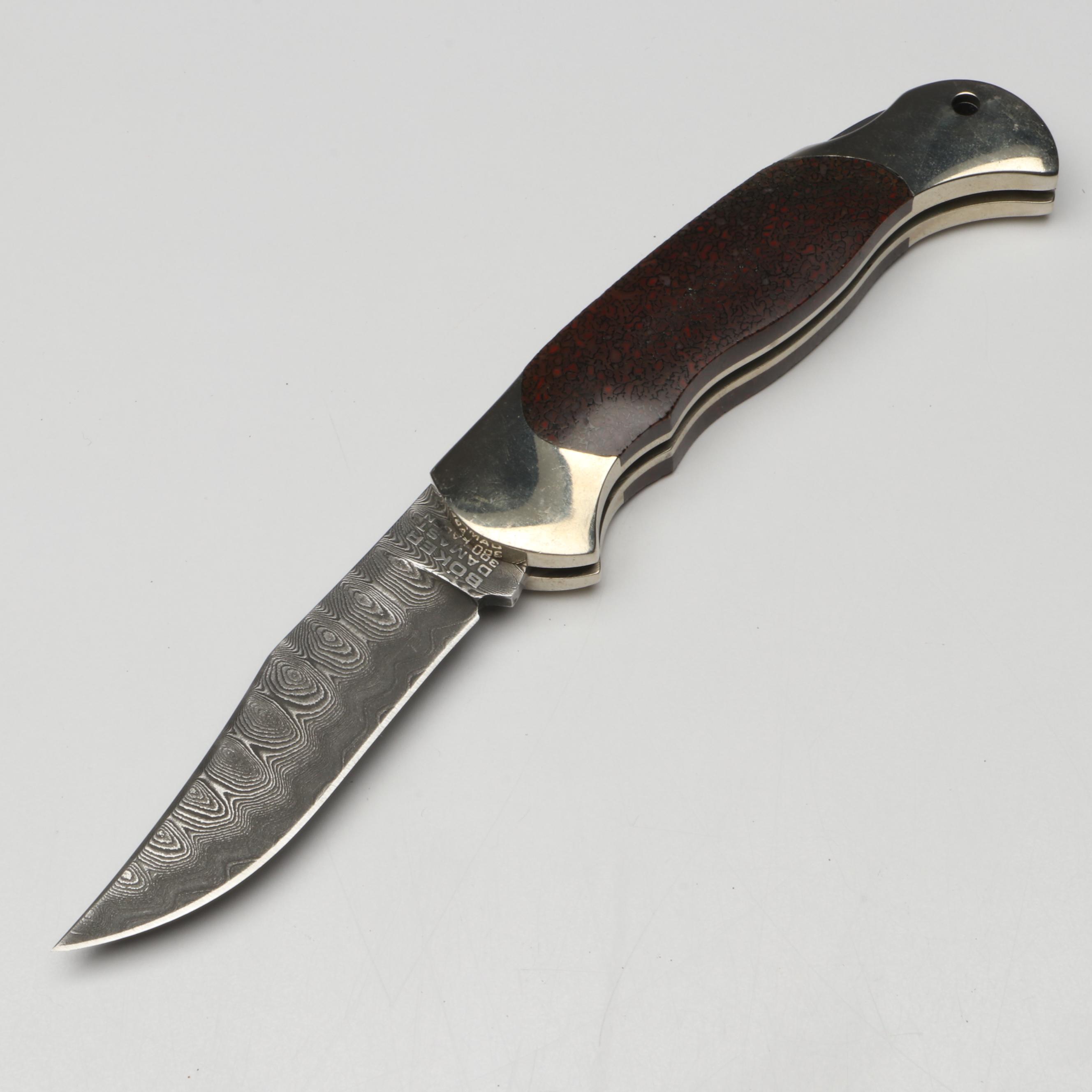 Boker Damascus Steel and Stone Handled Folding Knife in Leather Scabbard