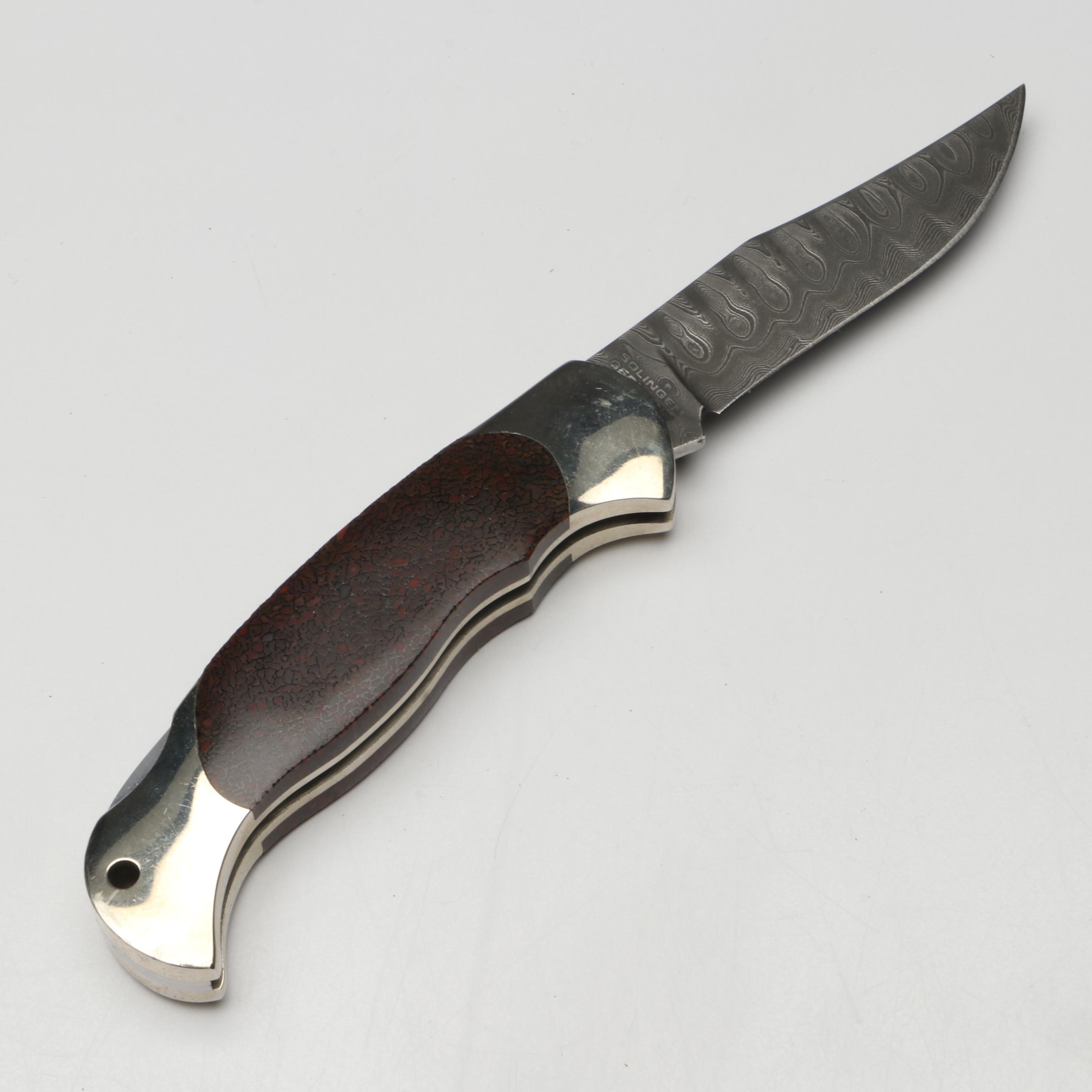 Boker Damascus Steel and Stone Handled Folding Knife in Leather Scabbard