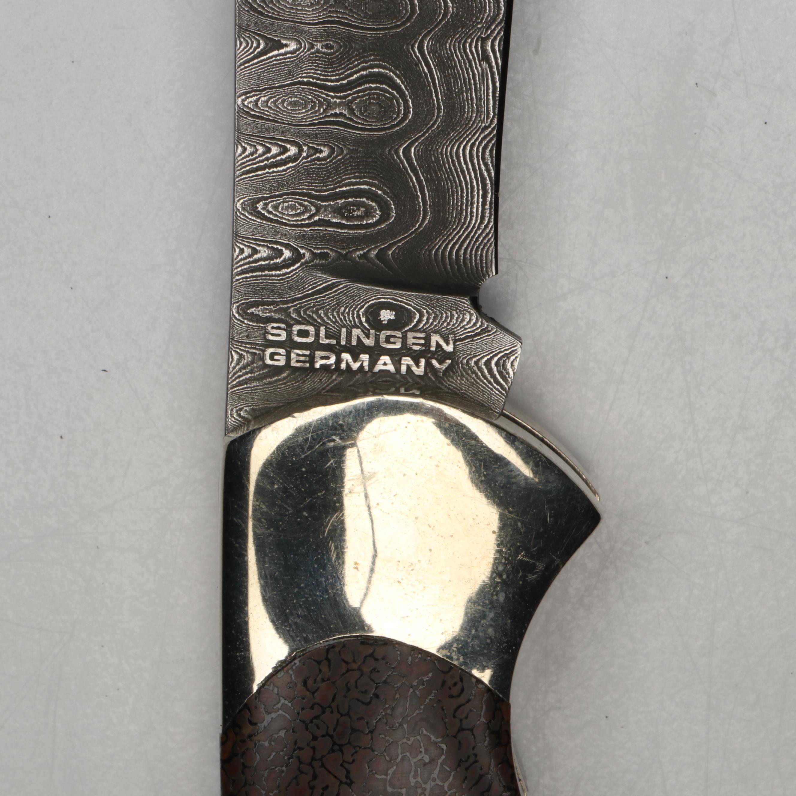 Boker Damascus Steel and Stone Handled Folding Knife in Leather Scabbard