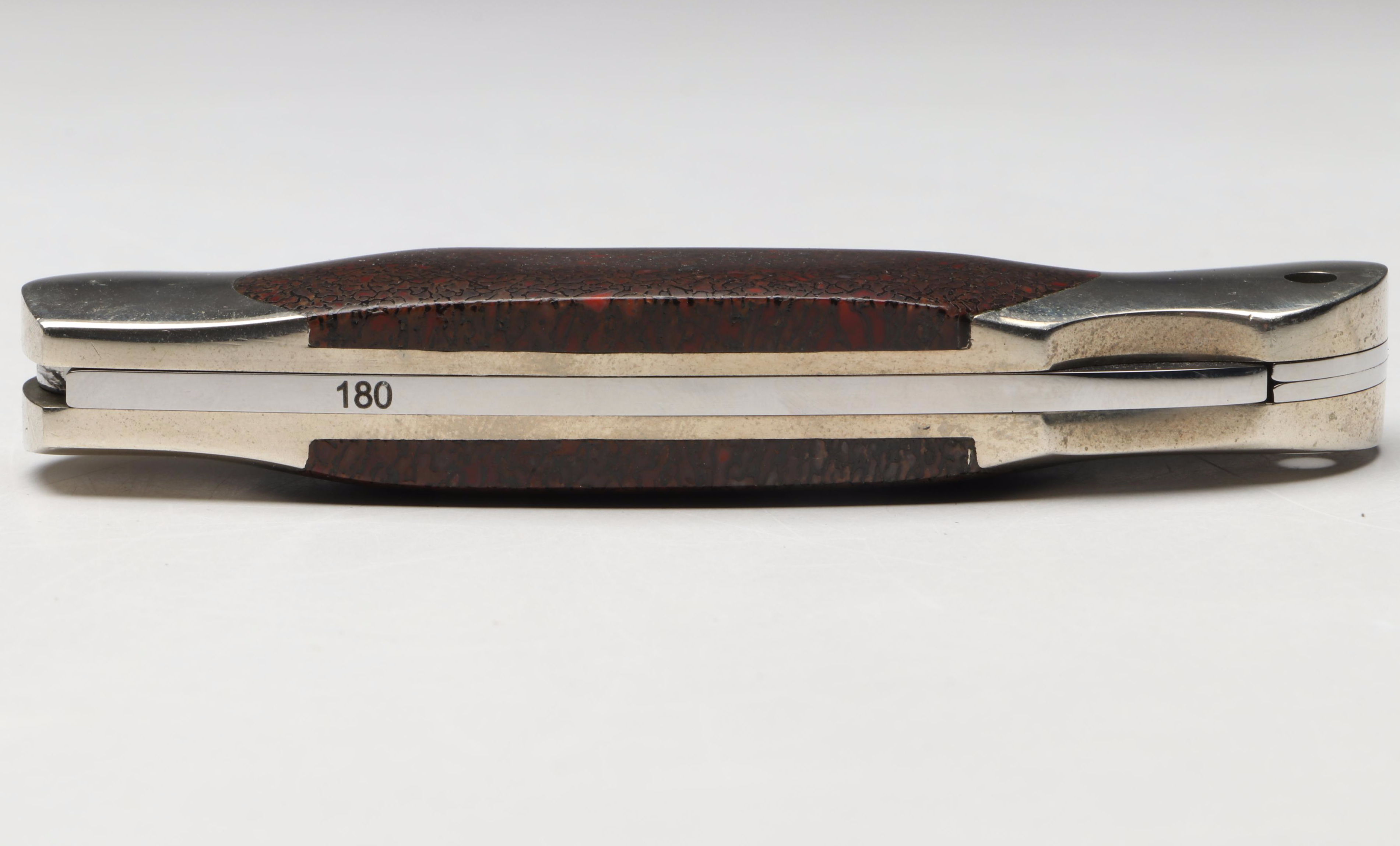 Boker Damascus Steel and Stone Handled Folding Knife in Leather Scabbard