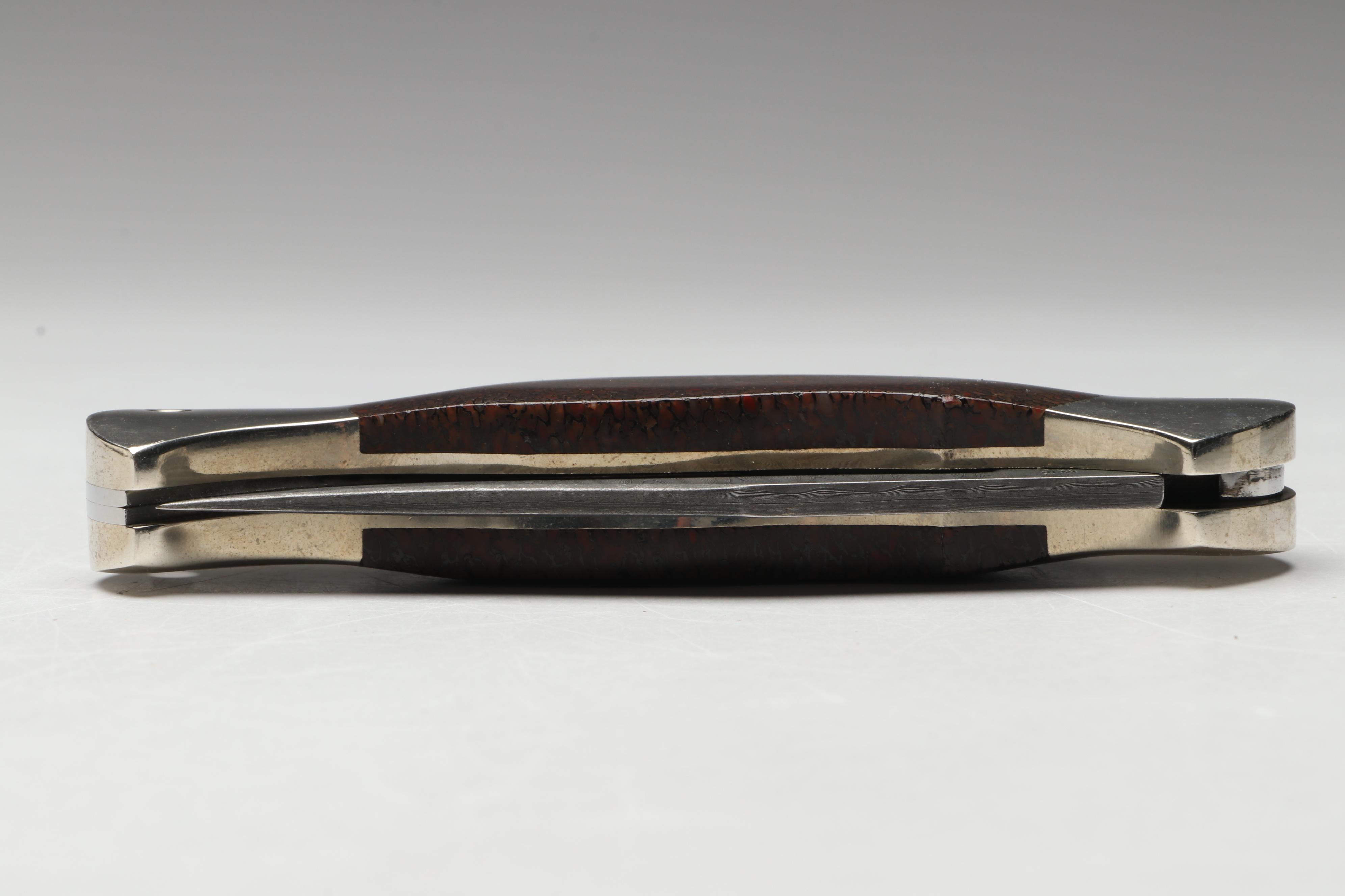 Boker Damascus Steel and Stone Handled Folding Knife in Leather Scabbard