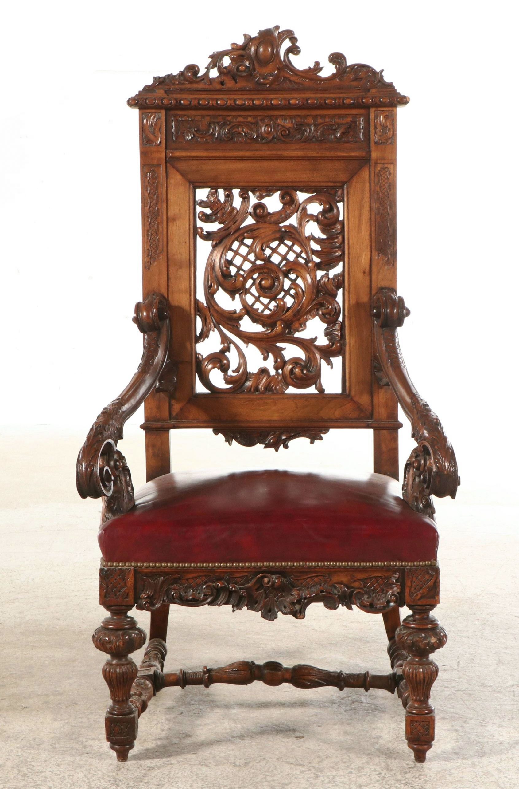 Spanish Rococo Style Carved Wood and Leather Throne Armchair