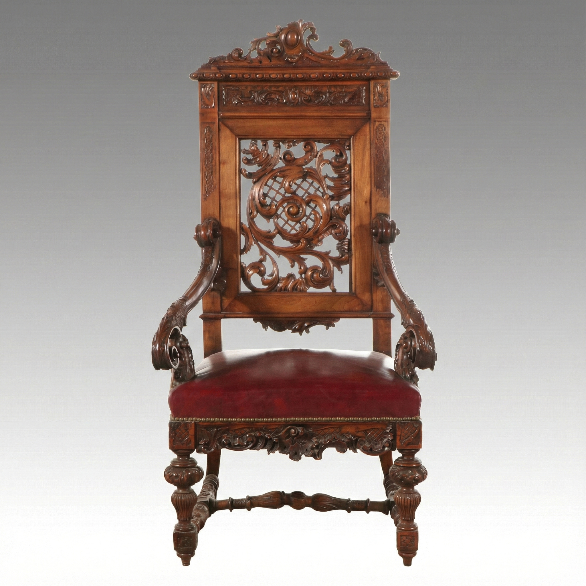 Spanish Rococo Style Carved Wood and Leather Throne Armchair