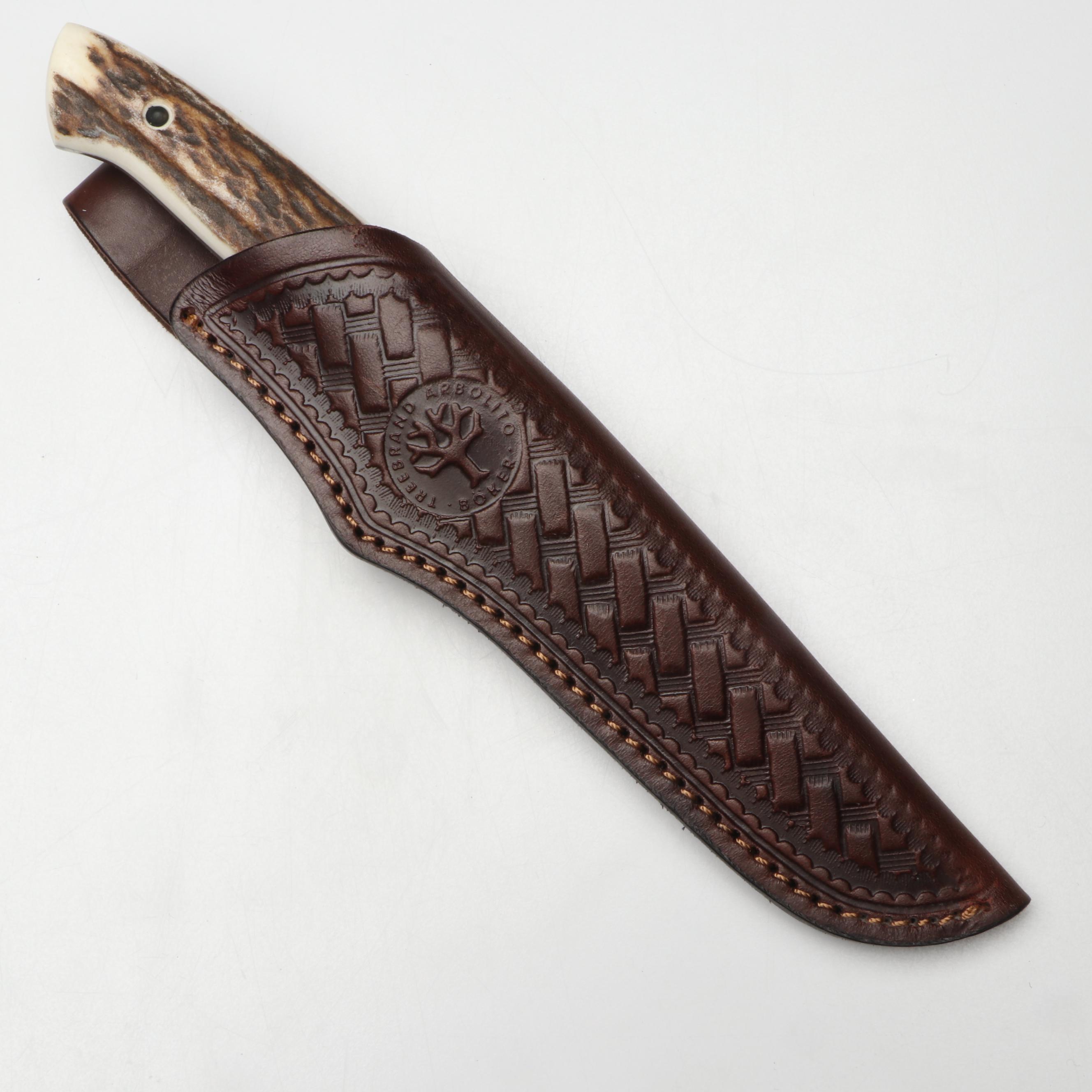 Boker Antler Handled and Stainless Steel Fixed Blade Knife in Leather Scabbard