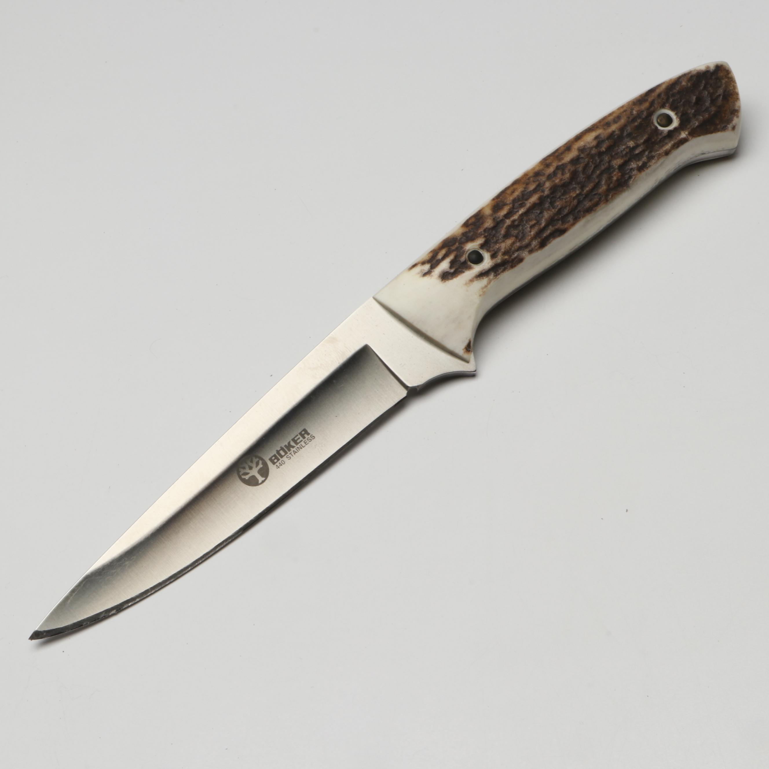 Boker Antler Handled and Stainless Steel Fixed Blade Knife in Leather Scabbard