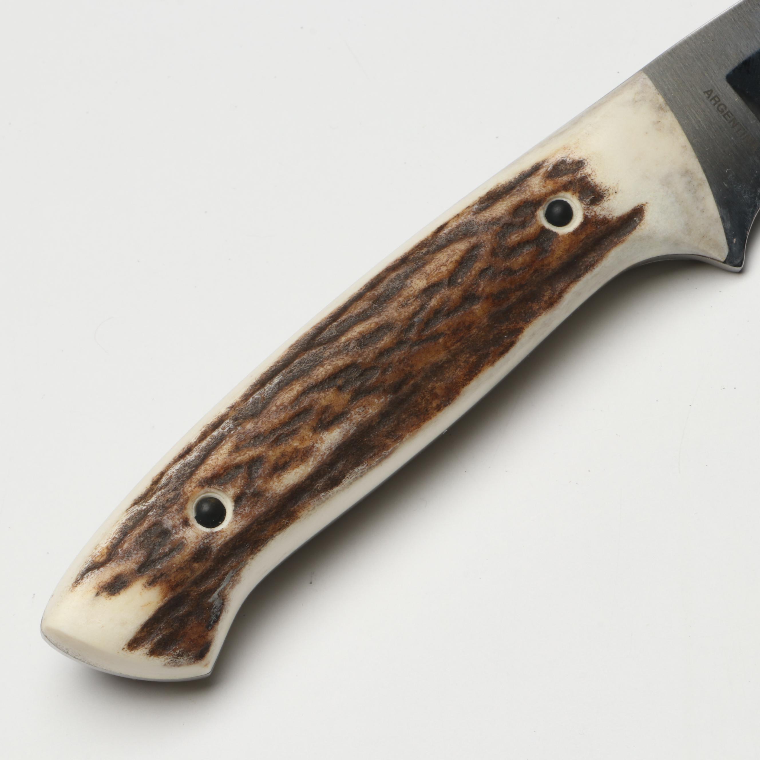 Boker Antler Handled and Stainless Steel Fixed Blade Knife in Leather Scabbard