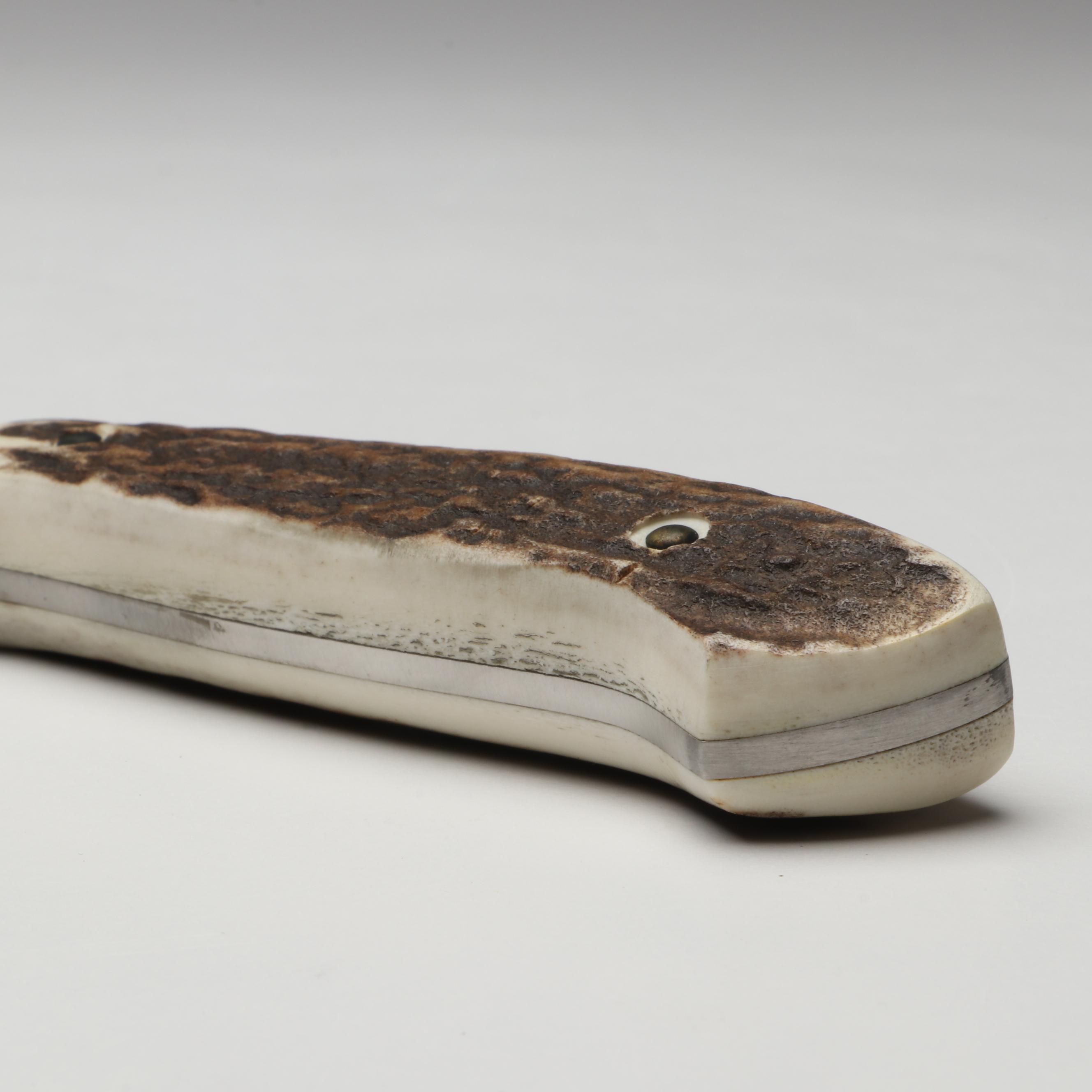 Boker Antler Handled and Stainless Steel Fixed Blade Knife in Leather Scabbard