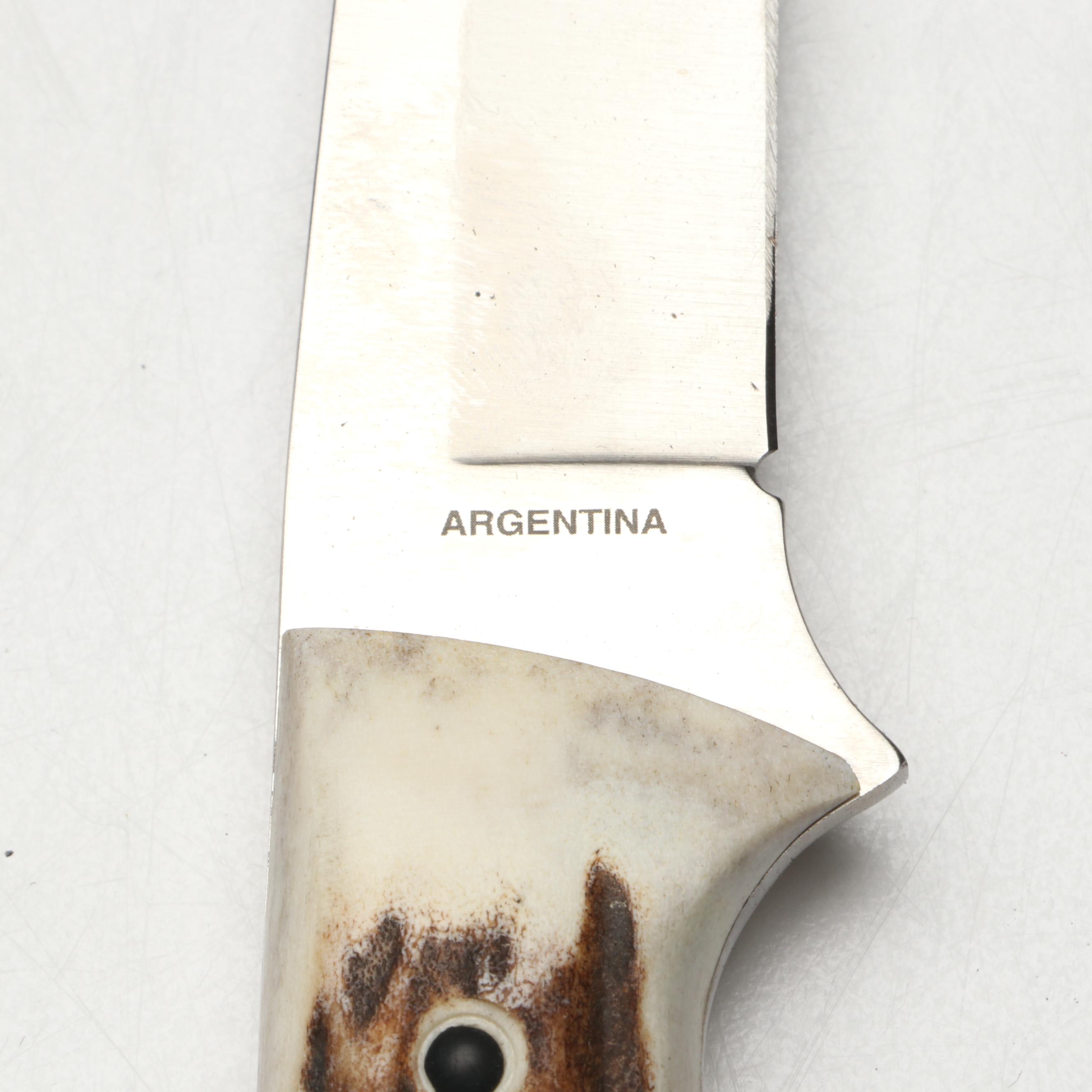 Boker Antler Handled and Stainless Steel Fixed Blade Knife in Leather Scabbard