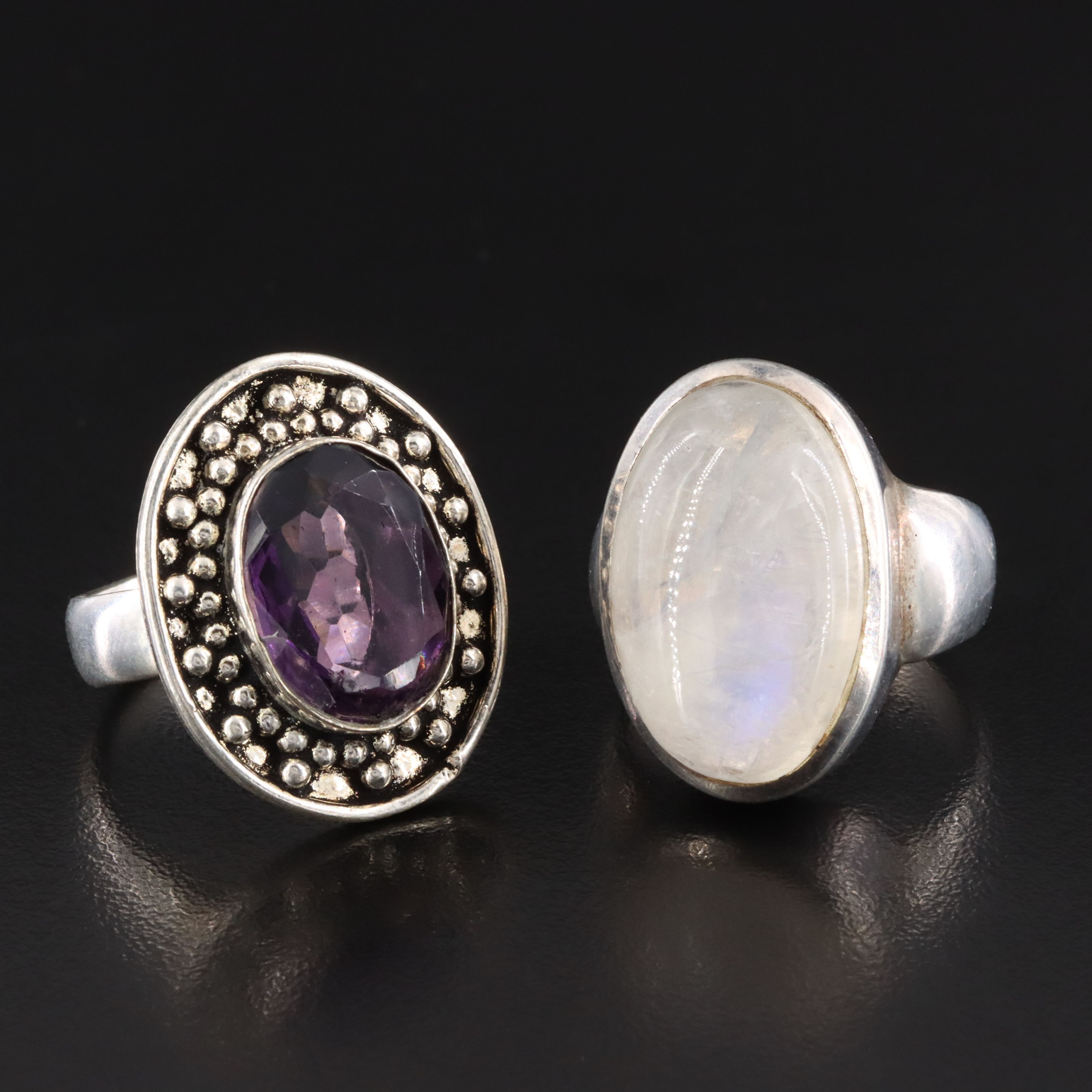 Sterling Rainbow Moonstone and Purple Glass Rings