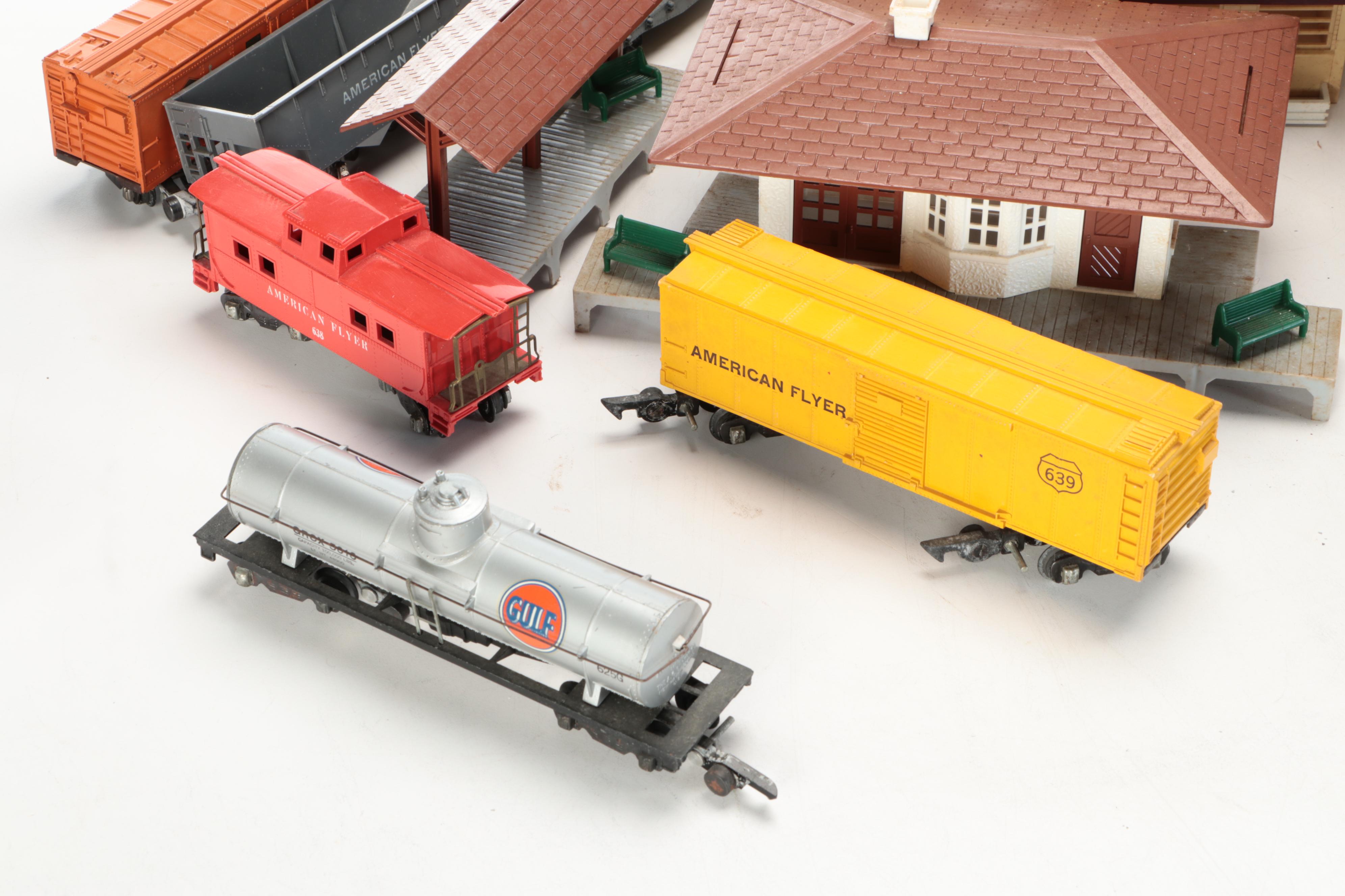 American Flyer Locomotive with Train Cars, Buildings and Accessories