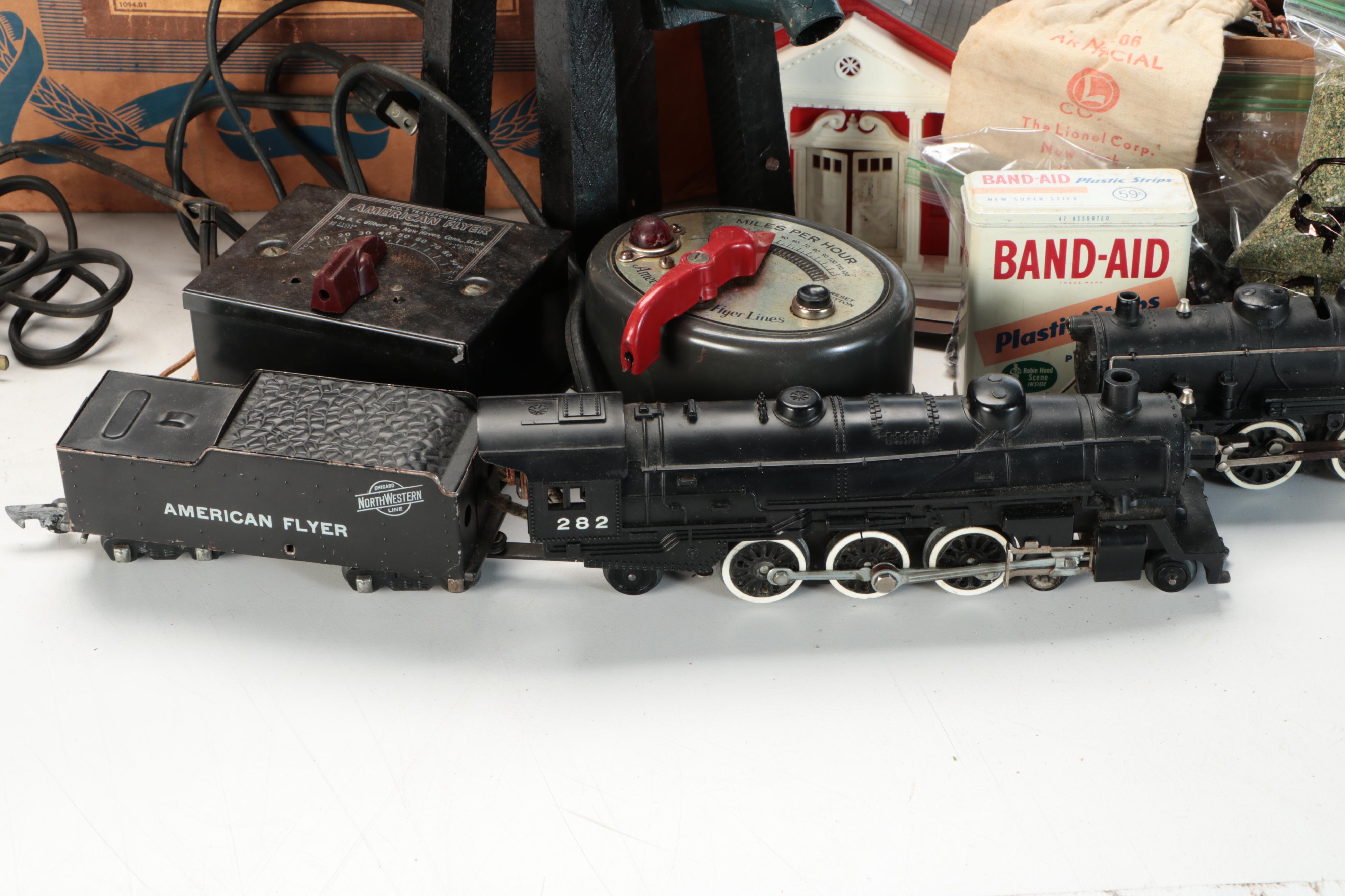 American Flyer Locomotive with Train Cars, Buildings and Accessories